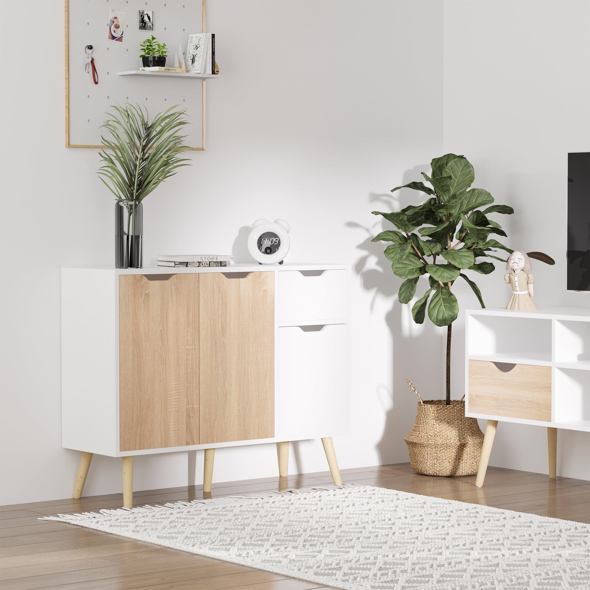 HOMCOM Sideboard Floor Standing Storage Cabinet with Drawer for Bedroom, Living Room, Home Office, Natural - North Peak Garden Furniture