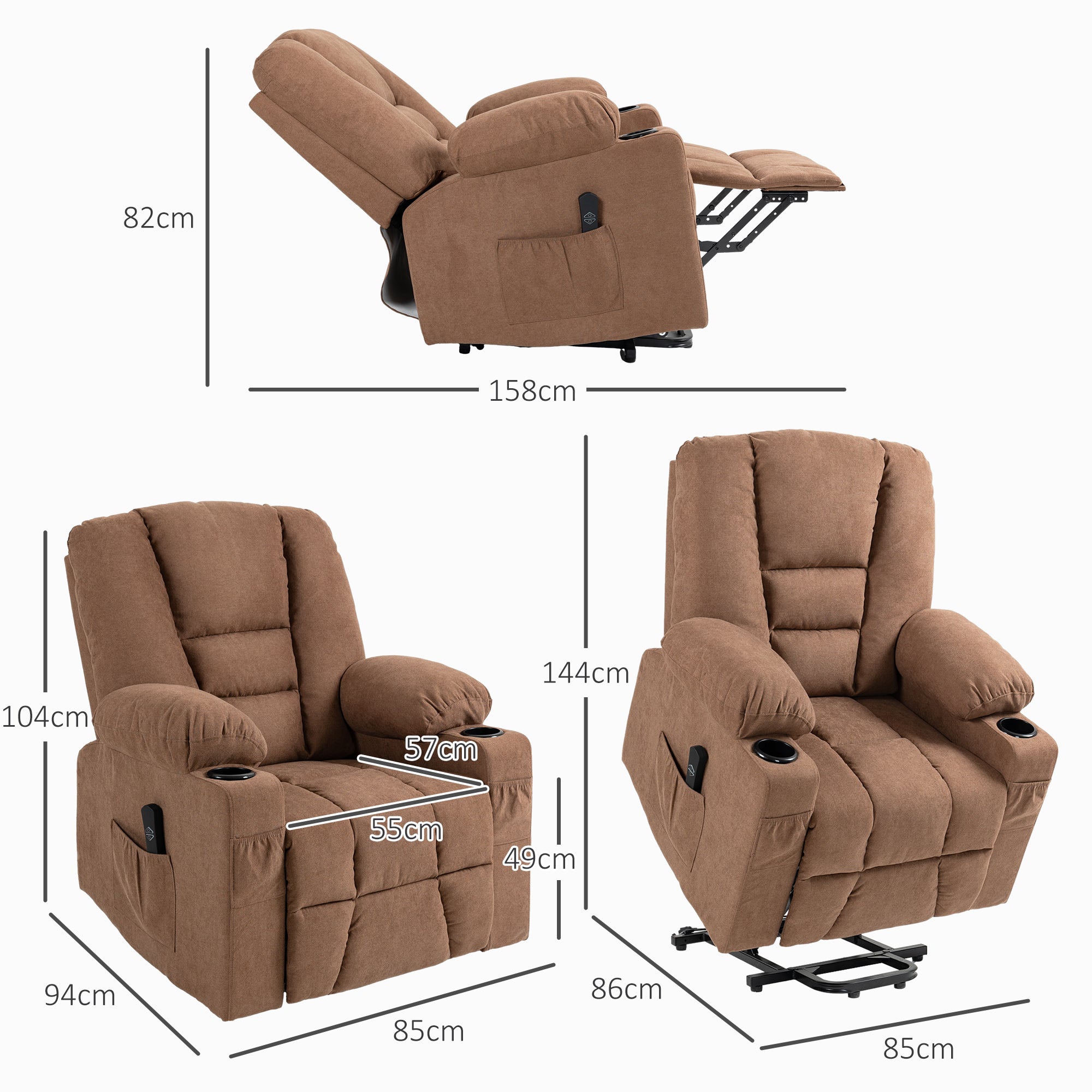 HOMCOM Oversized Riser and Recliner Chairs for the Elderly, Fabric Upholstered Lift Chair for Living Room with Remote Control, Side Pockets, Cup Holder, Brown