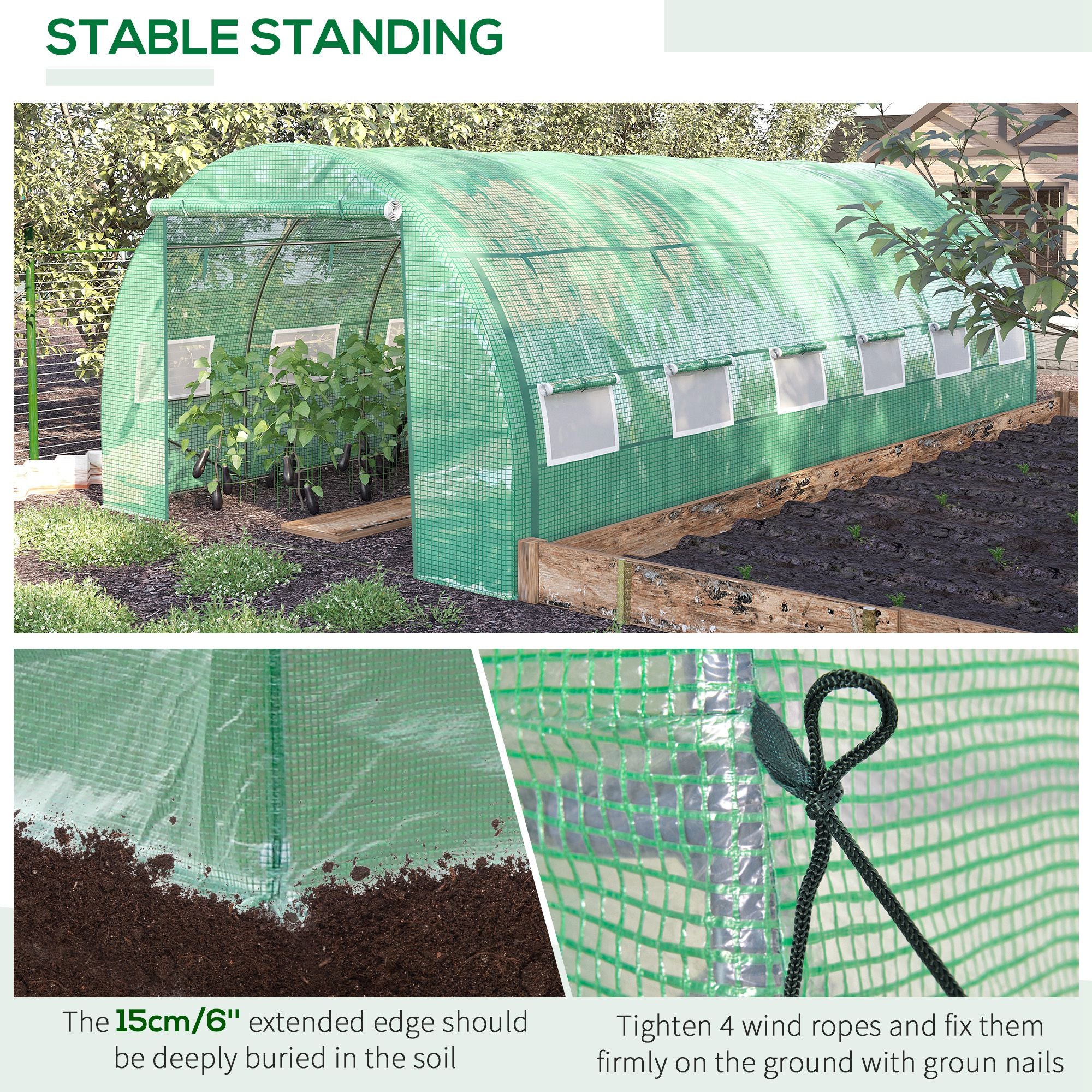 Outsunny Polytunnel Greenhouse Walk-in Grow House Tent with Roll-up Sidewalls, Zipped Door and 12 Windows, 6x3x2m Green - North Peak Garden Furniture