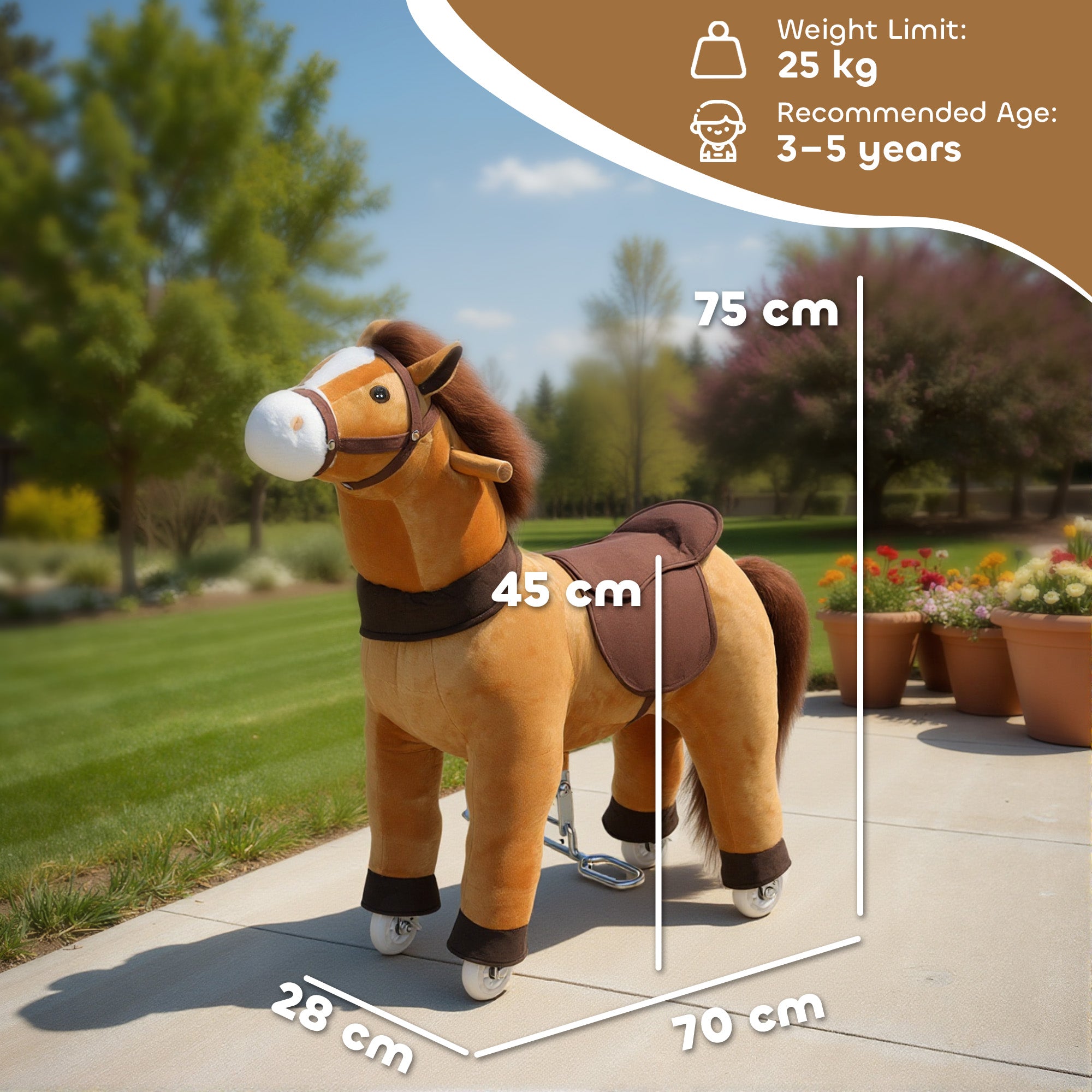AIYAPLAY Ride On Horse, Plush Walking Horse Toy with Wheels and Saddle for Ages 3-5 Years Old, Dark Brown