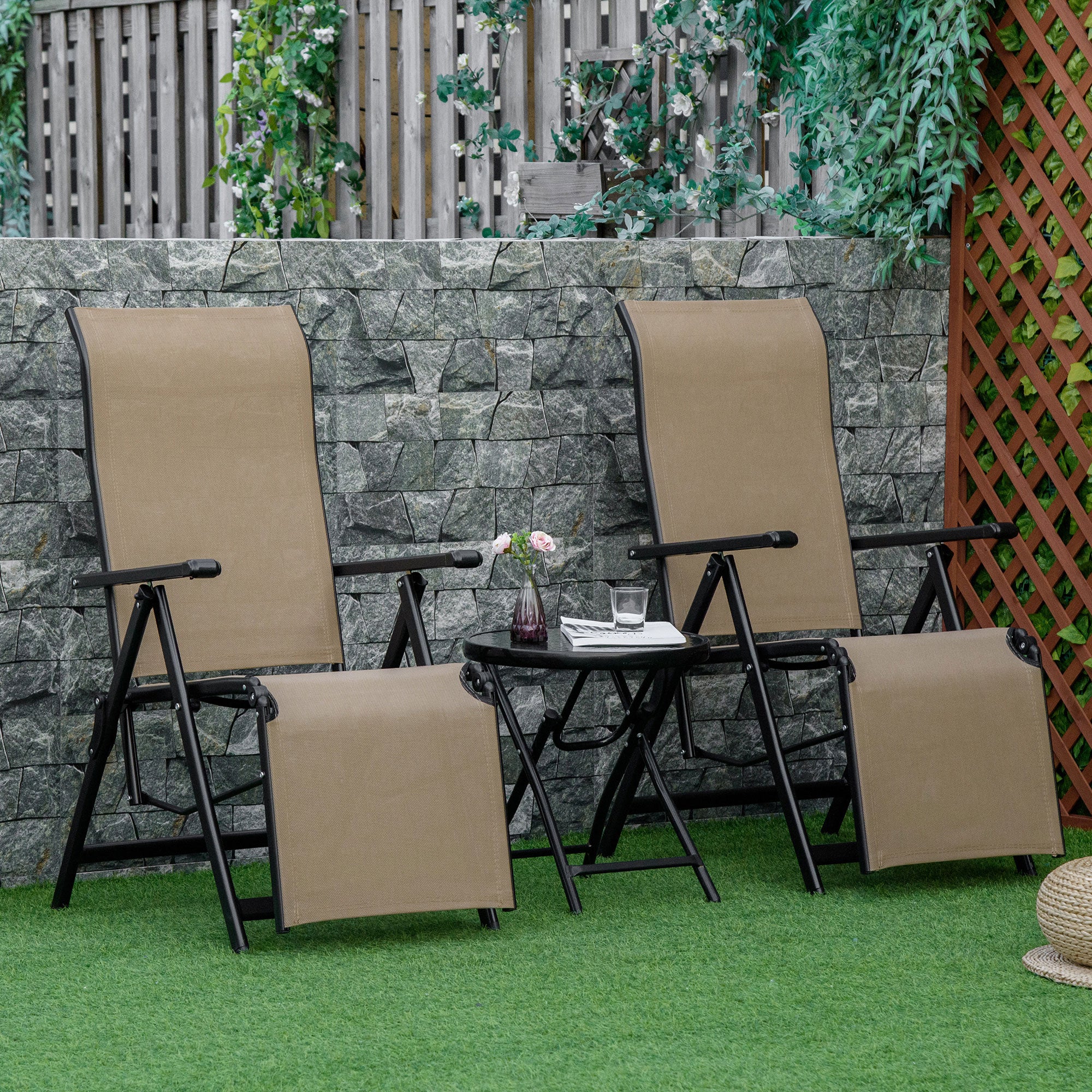 Outdoor Set of 2 Outdoor Sun Lounger 10-Position Adjustable Texteline Folding Reclining Chairs with Footrest for Patio Garden, Beige - North Peak Garden Furniture