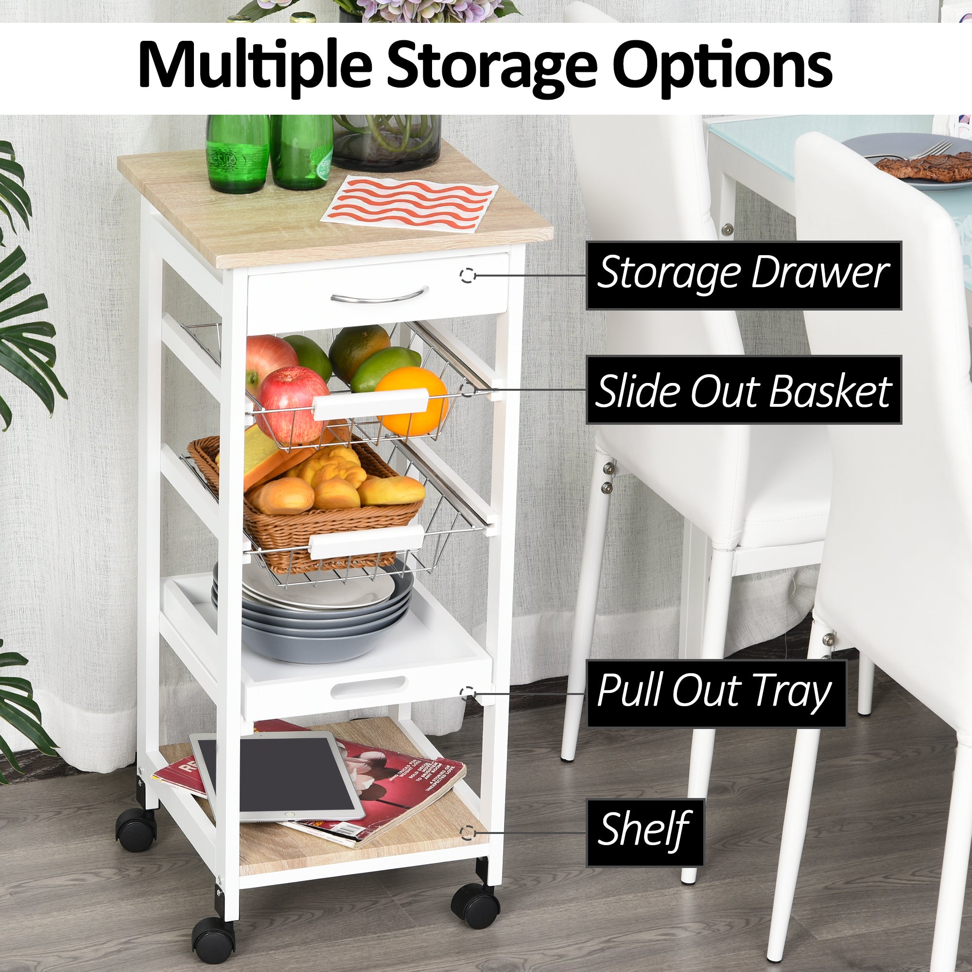 HOMCOM Mobile Rolling Kitchen Island Trolley for Home w/ Metal Baskets Trays Shelves Wheels Compact Stylish Storage White - North Peak Garden Furniture