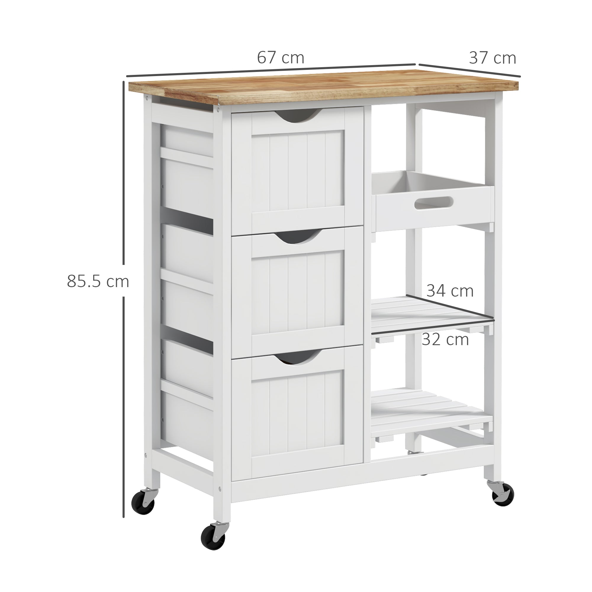 HOMCOM Rolling Kitchen Island Cart, Bar Serving Cart, Compact Trolley on Wheels with Wood Top, Shelves & Drawers for Home Dining Area, White