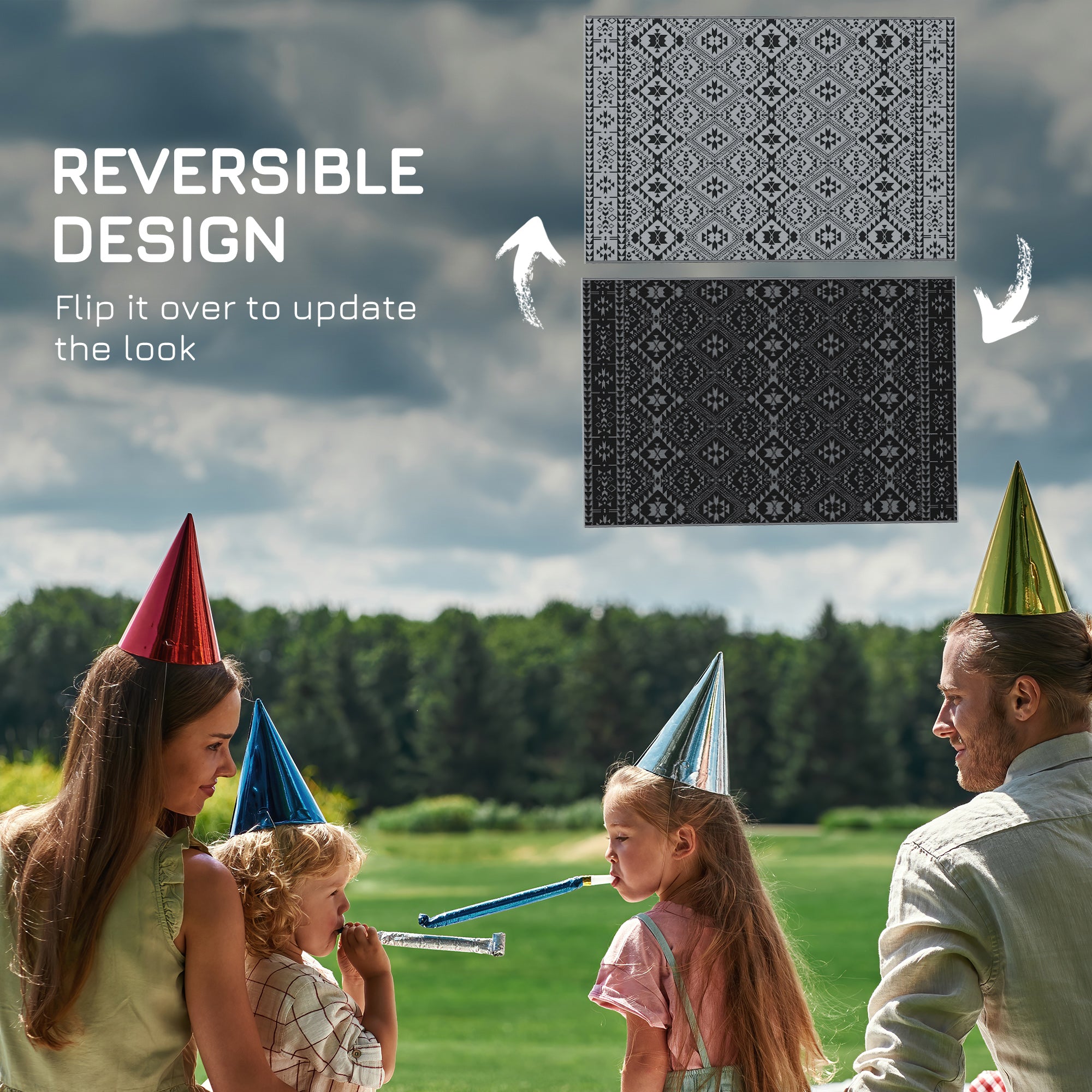 Outsunny 182 x 274cm Reversible Patterned Outdoor Rug, with Bag - Black/Grey - North Peak Garden Furniture