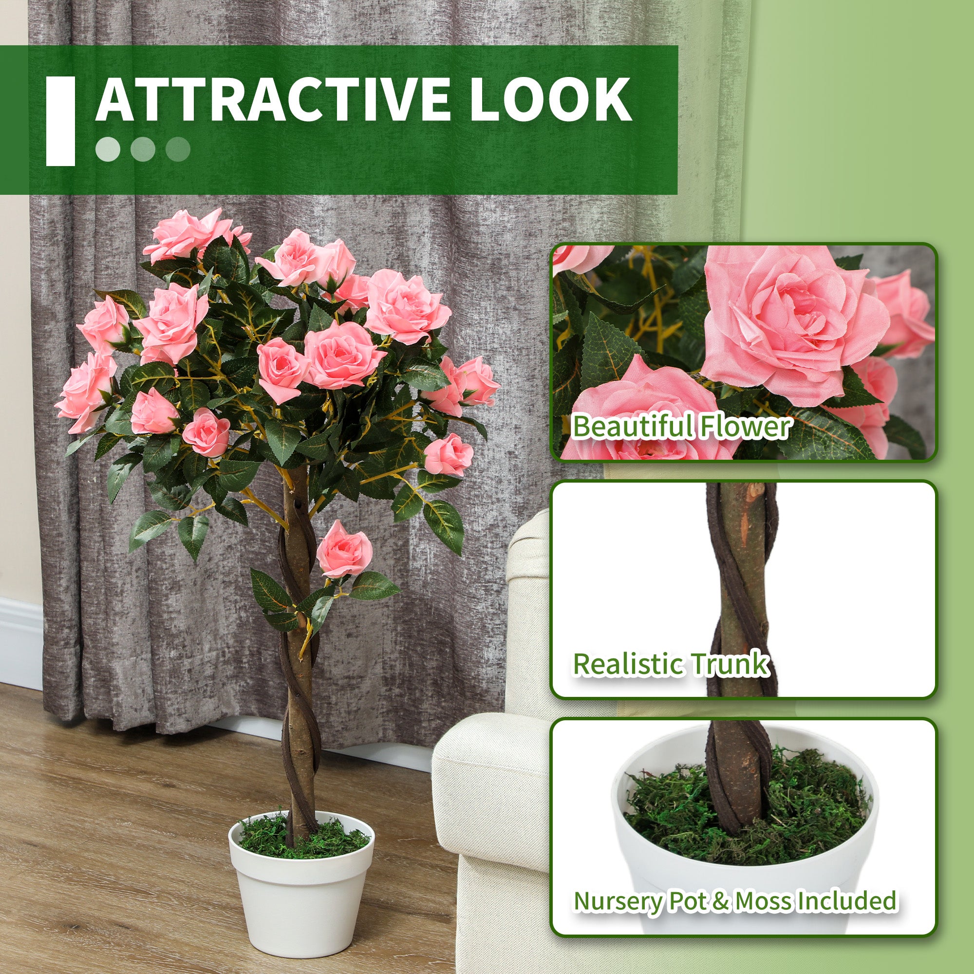 Outsunny Set of 2 Artificial Plants Pink Rose Floral in Pot, Fake Plants for Home Indoor Outdoor Decor, 90cm - North Peak Garden Furniture