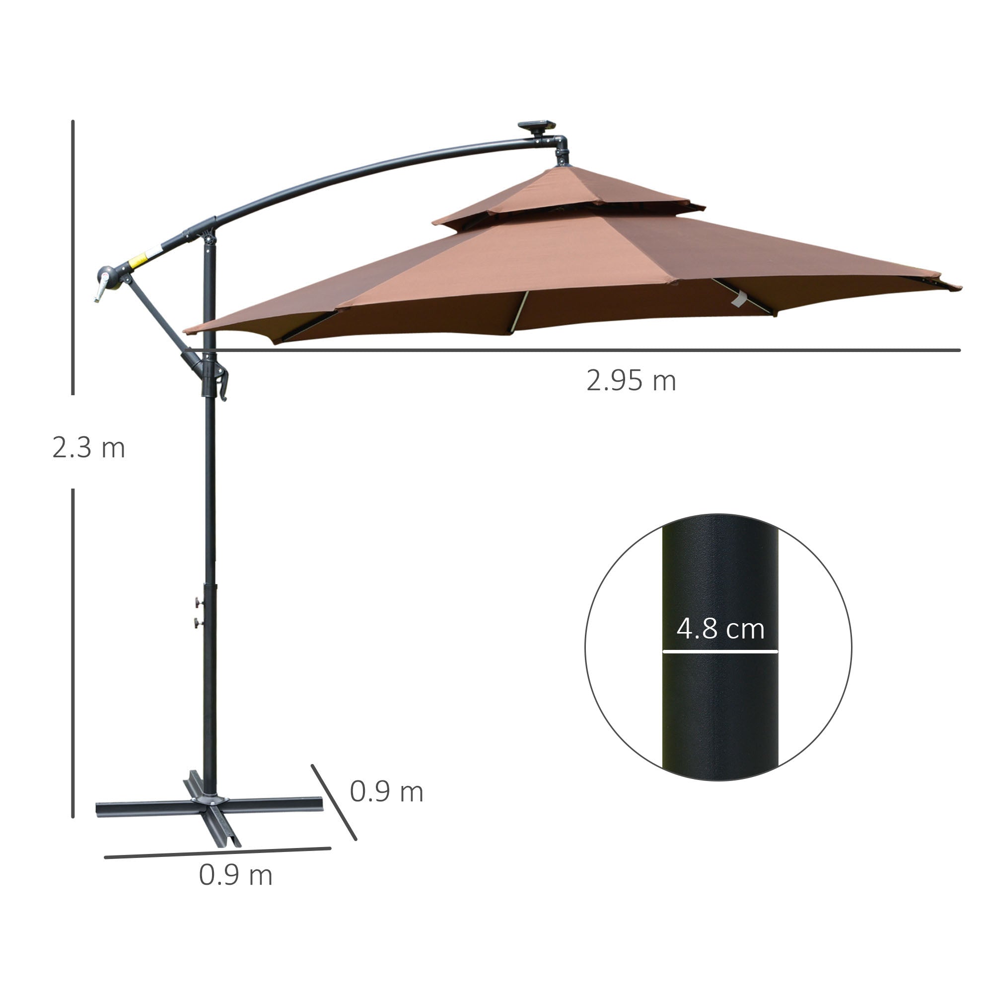 Outsunny 3(m) Cantilever Banana Parasol Hanging Umbrella with Double Roof, LED Solar lights, Crank, 8 Sturdy Ribs and Cross Base for Outdoor, Garden, Patio, Coffee - North Peak Garden Furniture