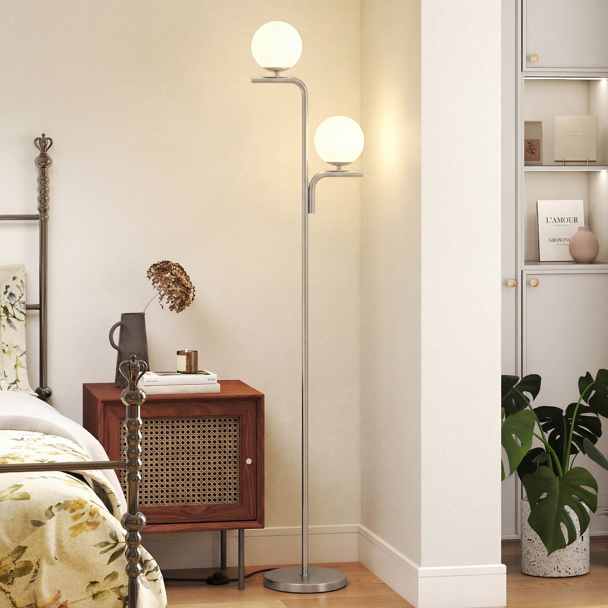 HOMCOM LED Floor Lamp, Modern Standing Lamp with 3 Colour Temperatures, Globe Glass Shades and Foot Switch, Silver Tone