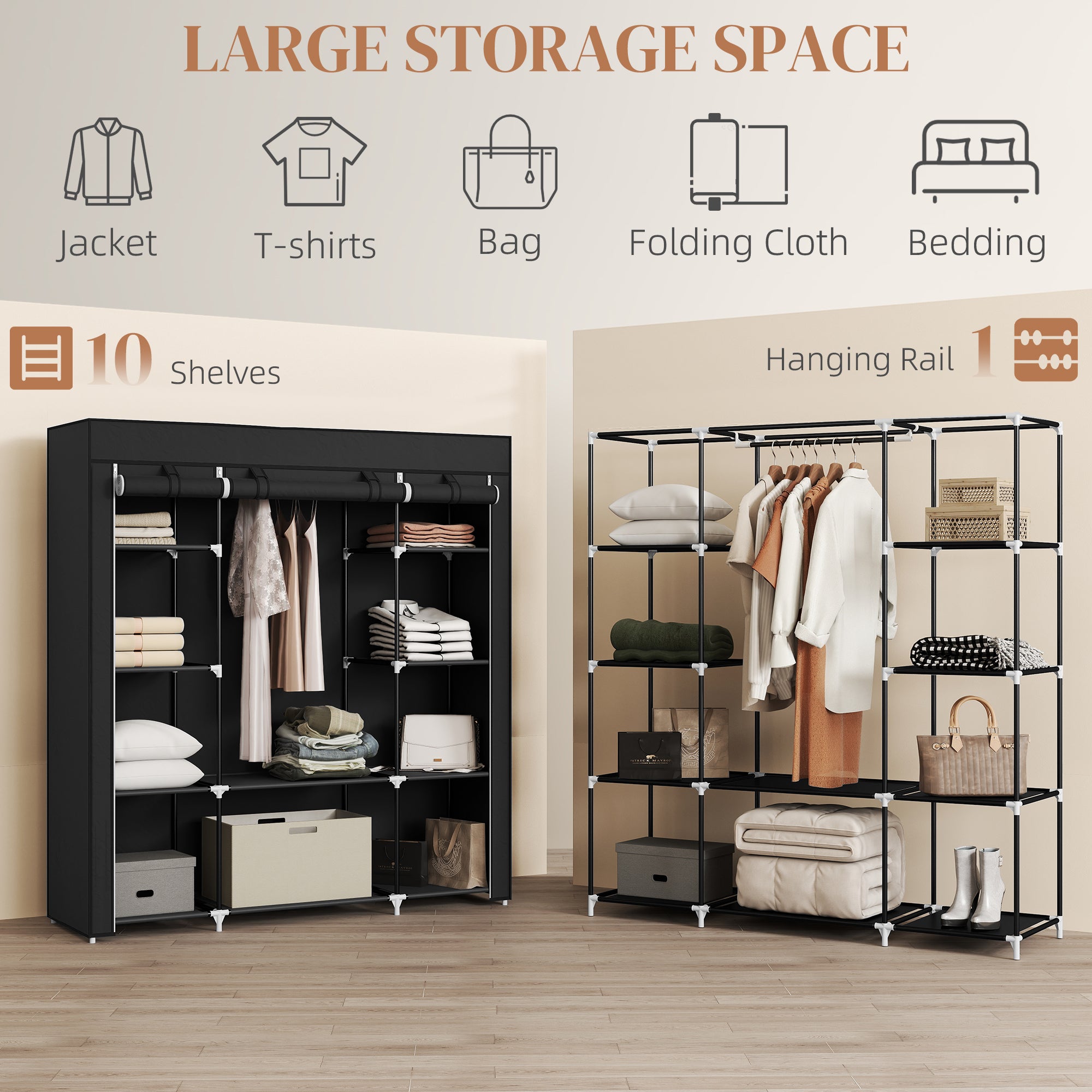 HOMCOM Portable Wardrobe, Foldable Fabric Wardrobe, 150 x 43 x 162.5cm, Clothes Storage Organiser with Hanging Rail, Shelves, Fabric Cover for Bedroom, Black - North Peak Garden Furniture