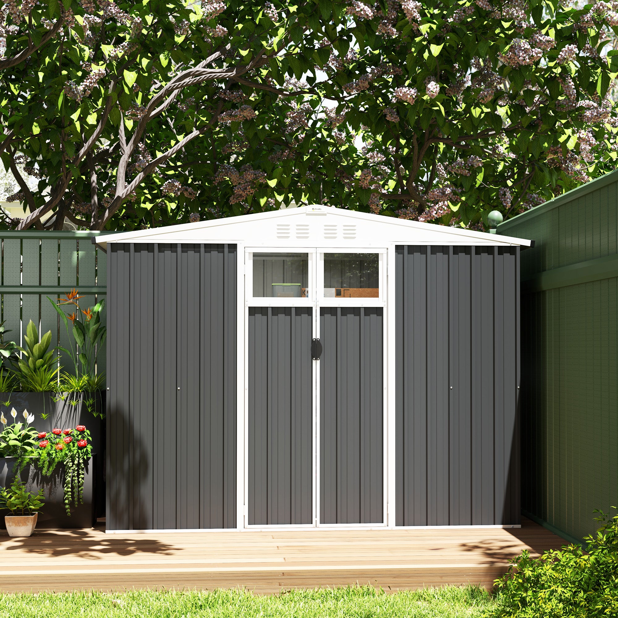 Outsunny 8 x 4 ft Metal Garden Shed, Garden Storage Shed with Window, 4 Vents and Lockable Door, Waterproof Galvanised Steel Tool Storage Shed, Dark Grey - North Peak Garden Furniture