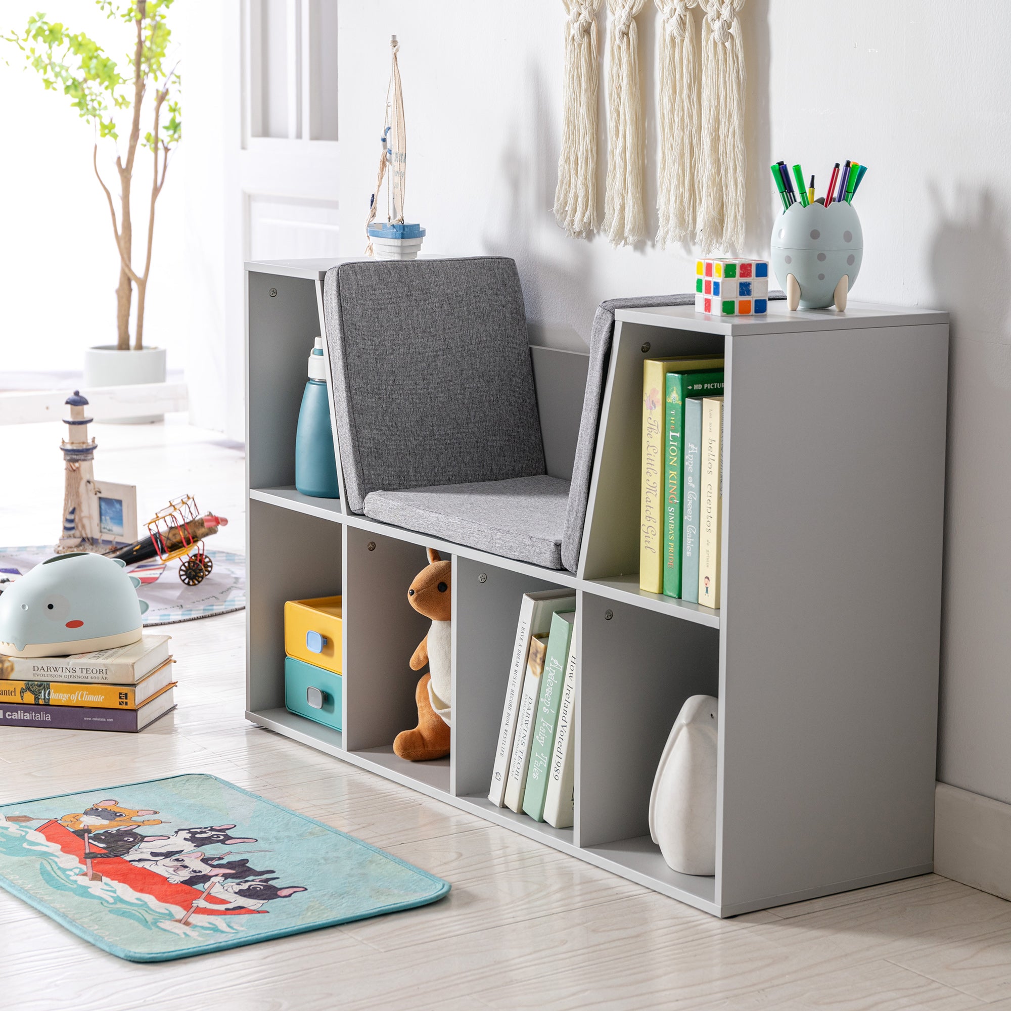 HOMCOM Kids Bookcase Shelf Storage Cabinet Unit, Living Room Sideboard w/ Six Compartments for Toys, Books - Grey - North Peak Garden Furniture