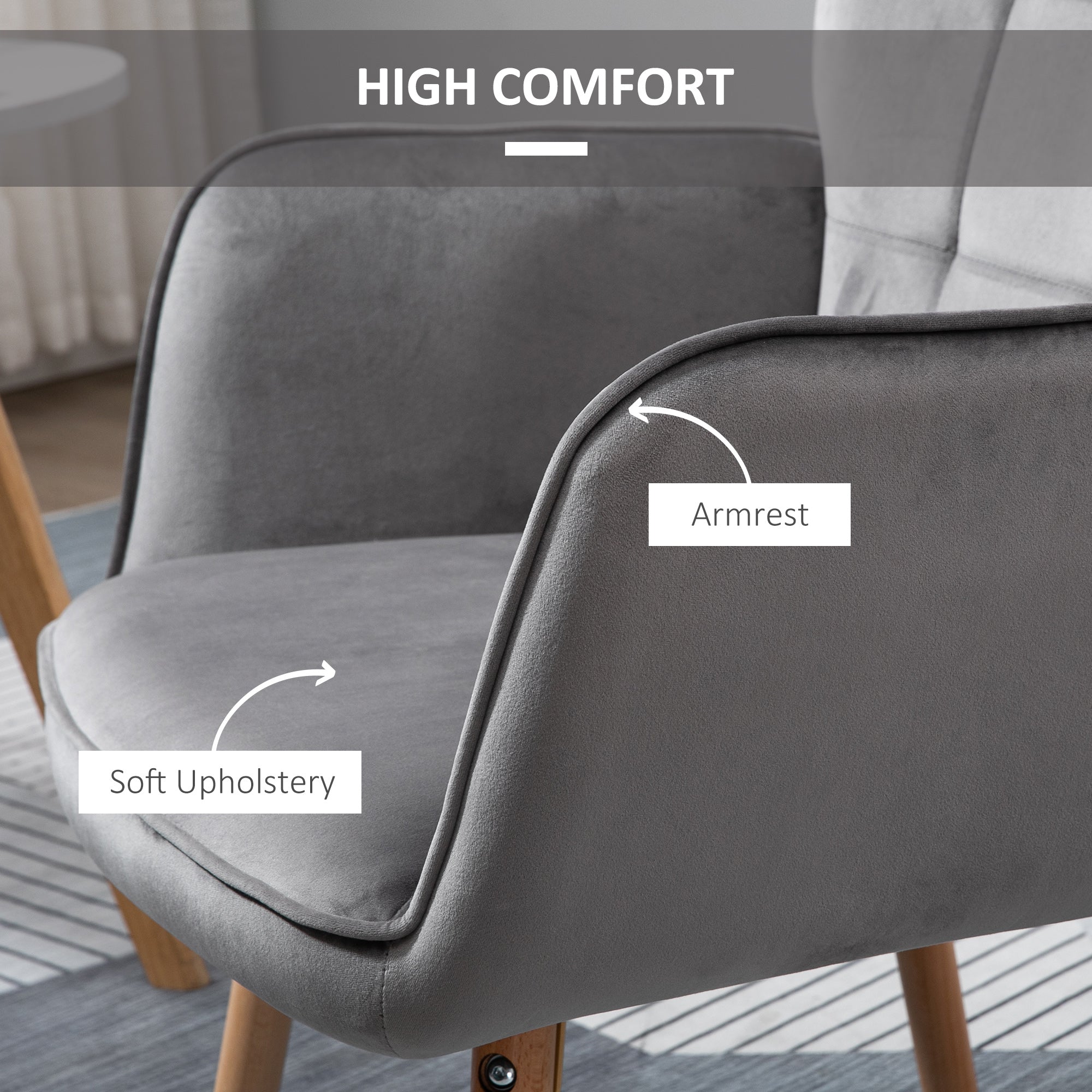 HOMCOM Modern Accent Chair Velvet-Touch Tufted Wingback Armchair Upholstered Leisure Lounge Sofa Club Chair with Wood Legs, Grey - North Peak Garden Furniture
