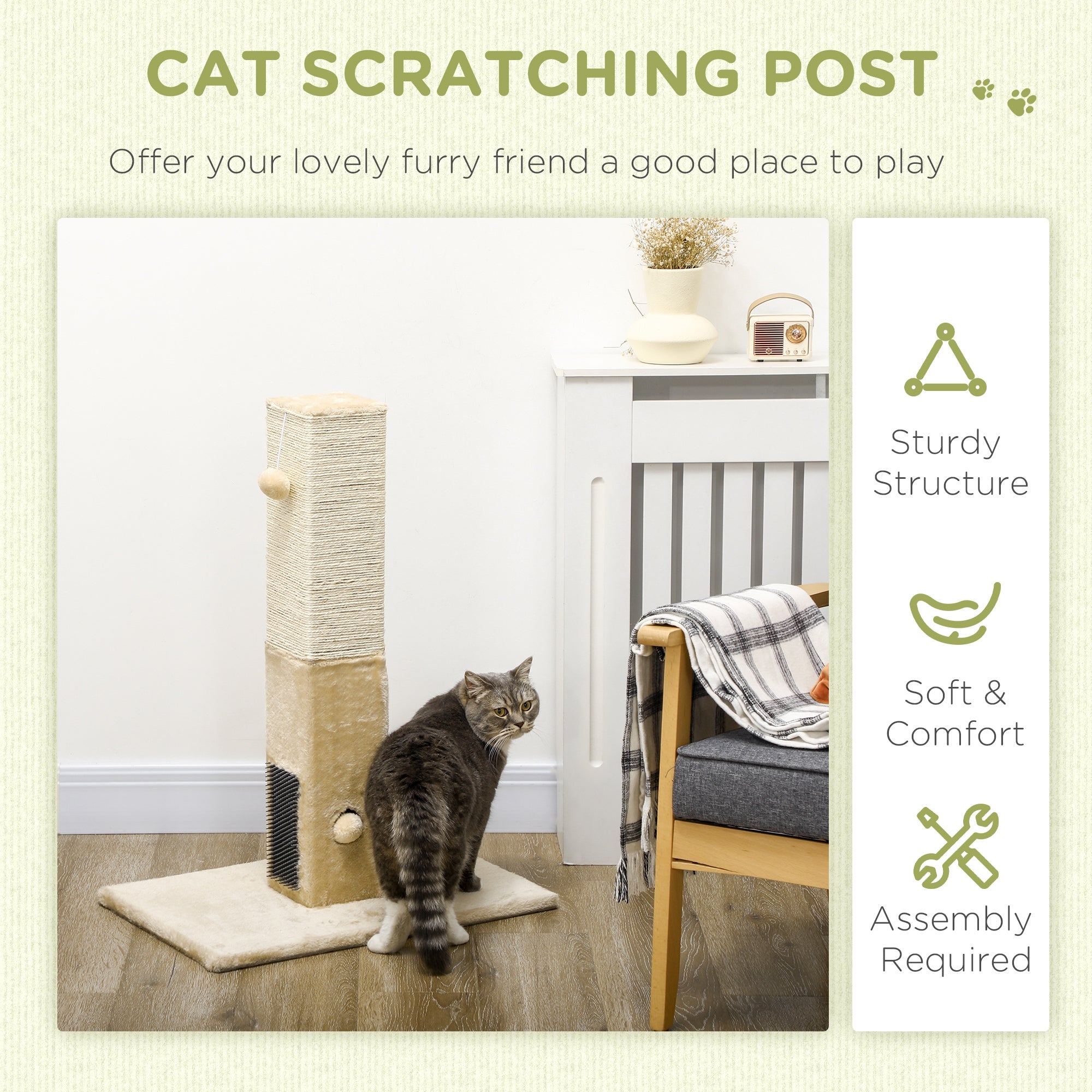 PawHut Jute Cat Scratching Post w/ Carpet Base Hanging Toy - Beige - North Peak Garden Furniture