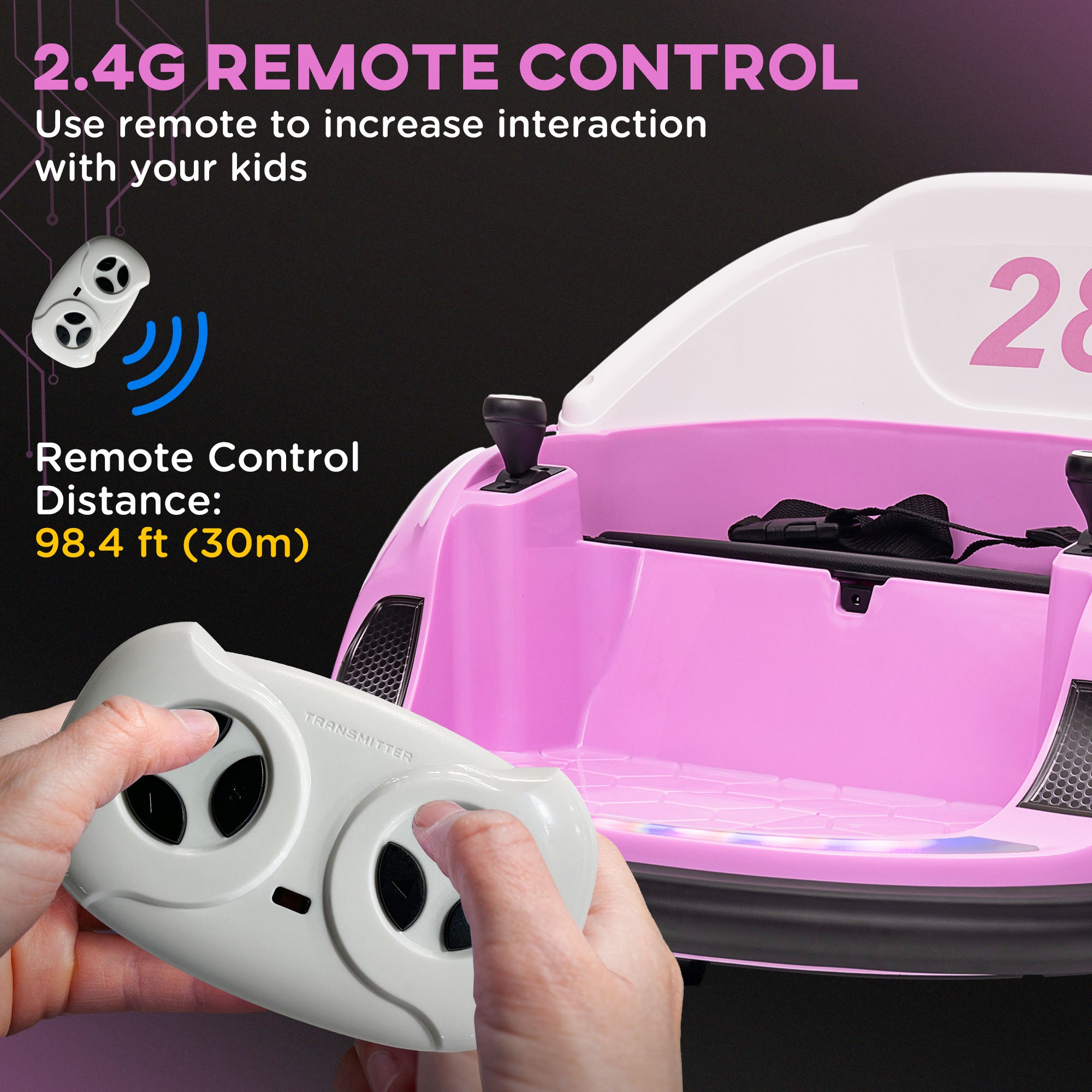 AIYAPLAY 360° Rotation Kids Bumper Car, 12V Waltz Car with Remote Control, Dual Joystick, Music, Lights, Pink