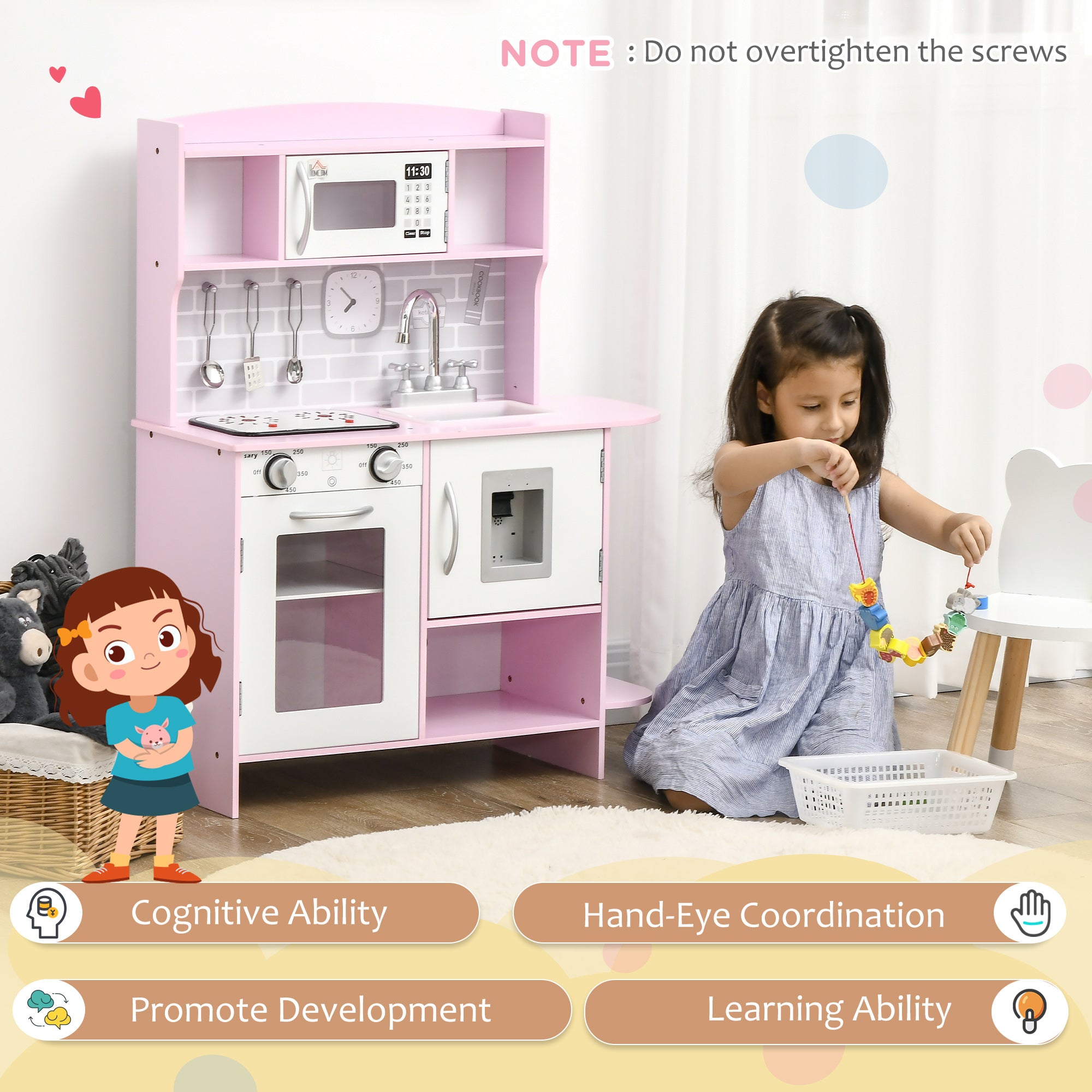 HOMCOM Kids Kitchen Playset, with Lights, Sounds, Microwave, Sink and Storage - Pink - North Peak Garden Furniture