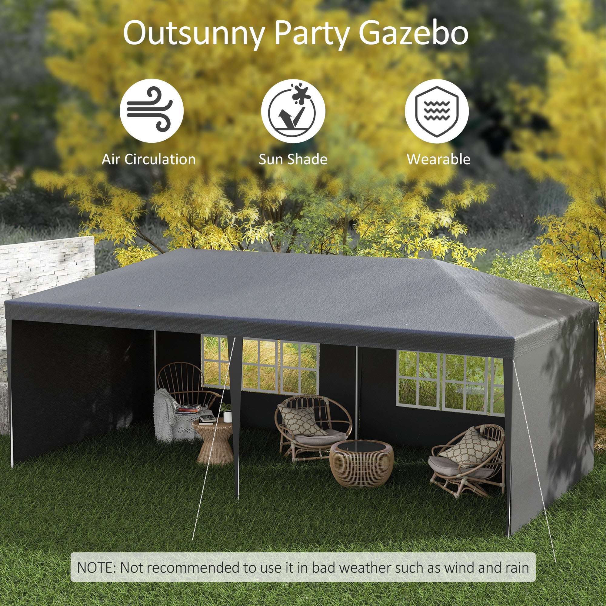 Outsunny 6 x 3 m Party Tent Gazebo Marquee Outdoor Patio Canopy Shelter with Windows and Side Panels Dark Grey - North Peak Garden Furniture