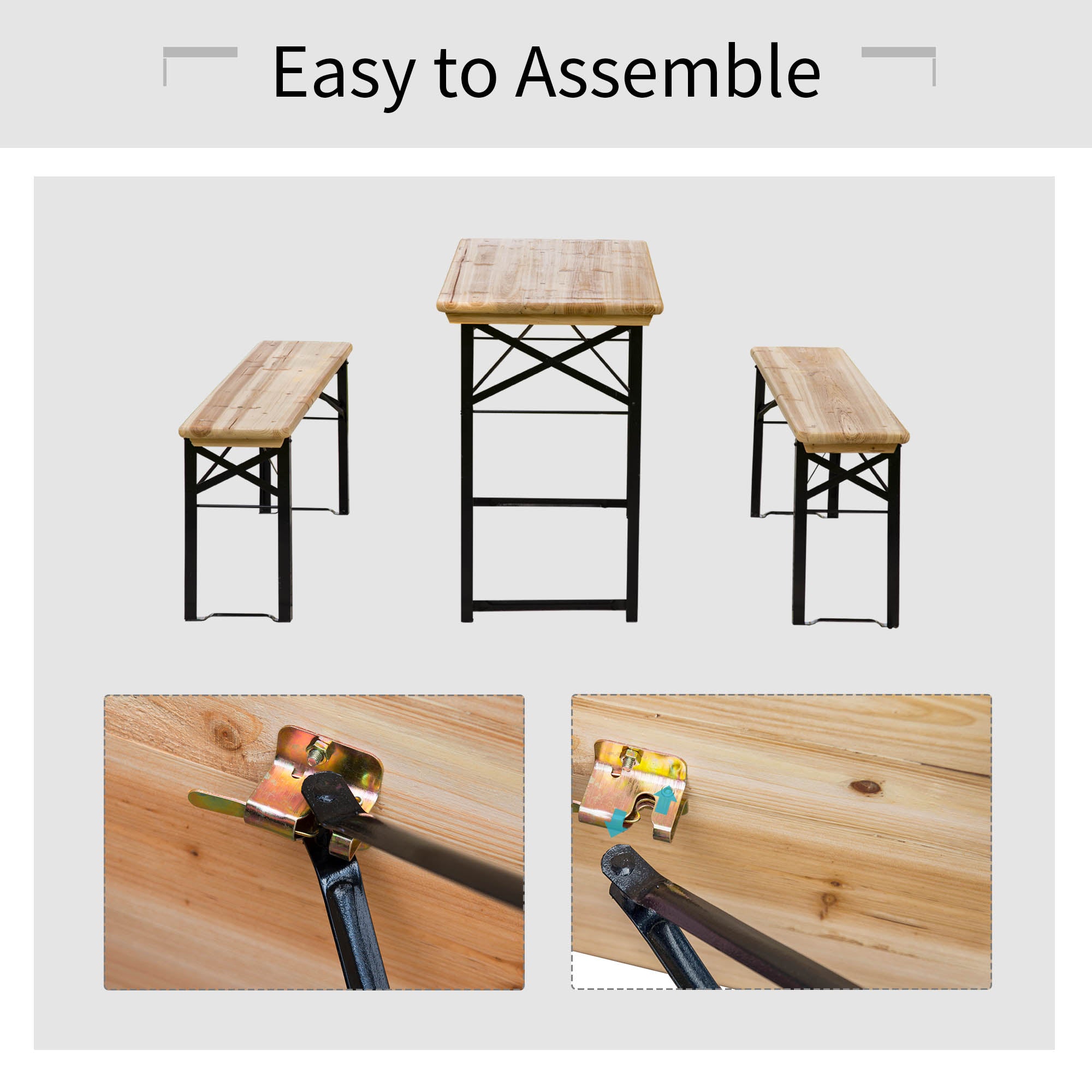 Outsunny Portable Folding Camping Picnic Trestle Beer Table and Bench Set Garden BBQ Chairs Stools Wooden Wood (120cm(L) x 25cm(W) x 46cm(H)) - North Peak Garden Furniture