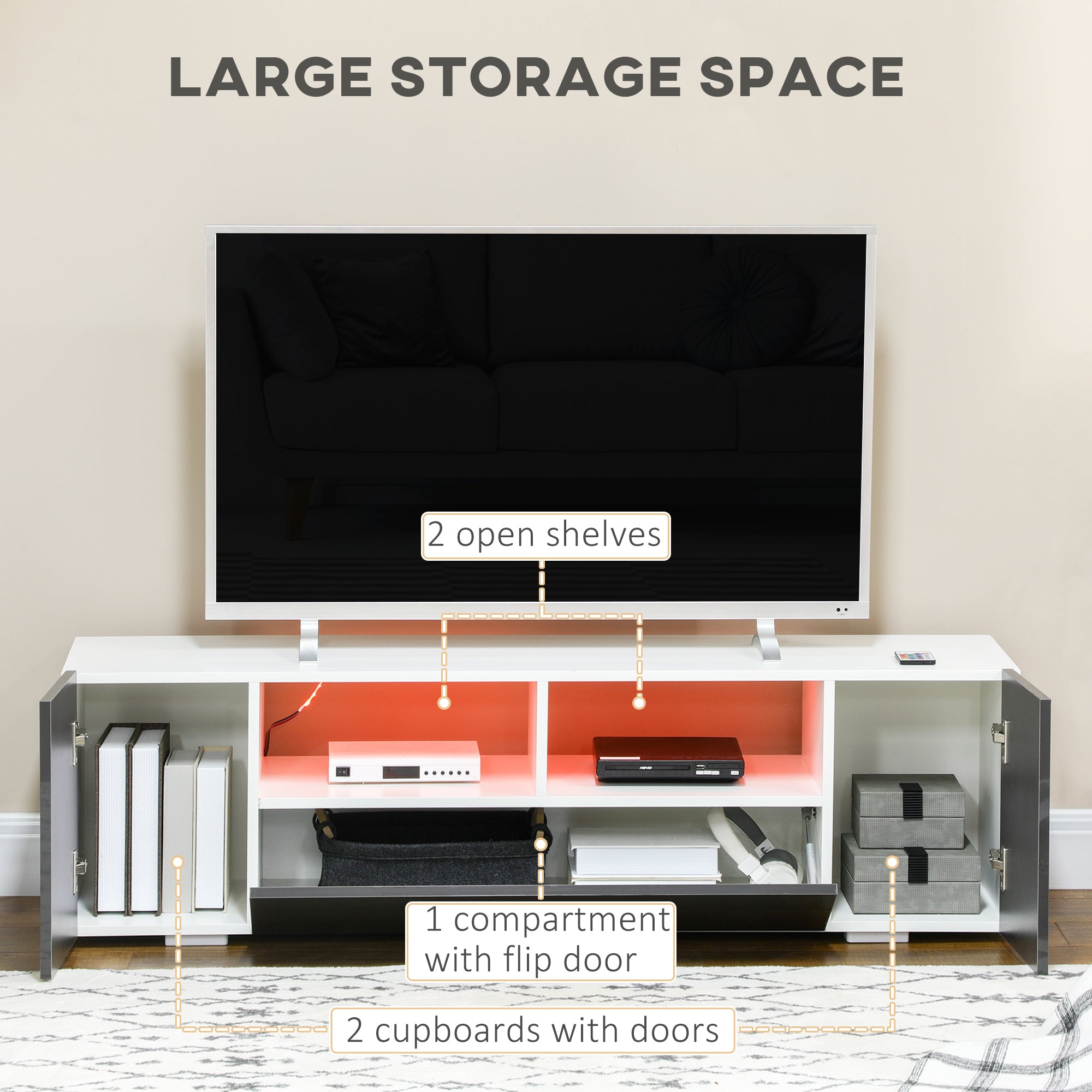 HOMCOM 16 LED Light TV Stand, with Storage - High Gloss Grey - North Peak Garden Furniture