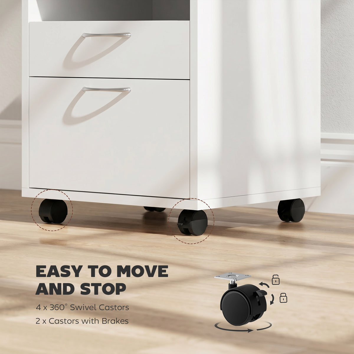 HOMCOM 60cm Storage Cabinet with Drawer, Open Shelf, Metal Handles and 4 Wheels, Office Home Organiser Mobile Printer, White