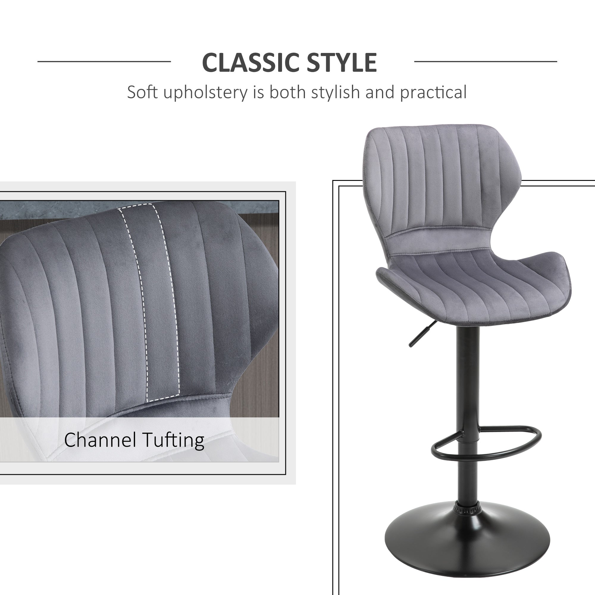 HOMCOM Bar Stool Set of 2 Velvet-Touch Fabric Adjustable Height Swivel Counter Chairs with Footrest, Grey - North Peak Garden Furniture