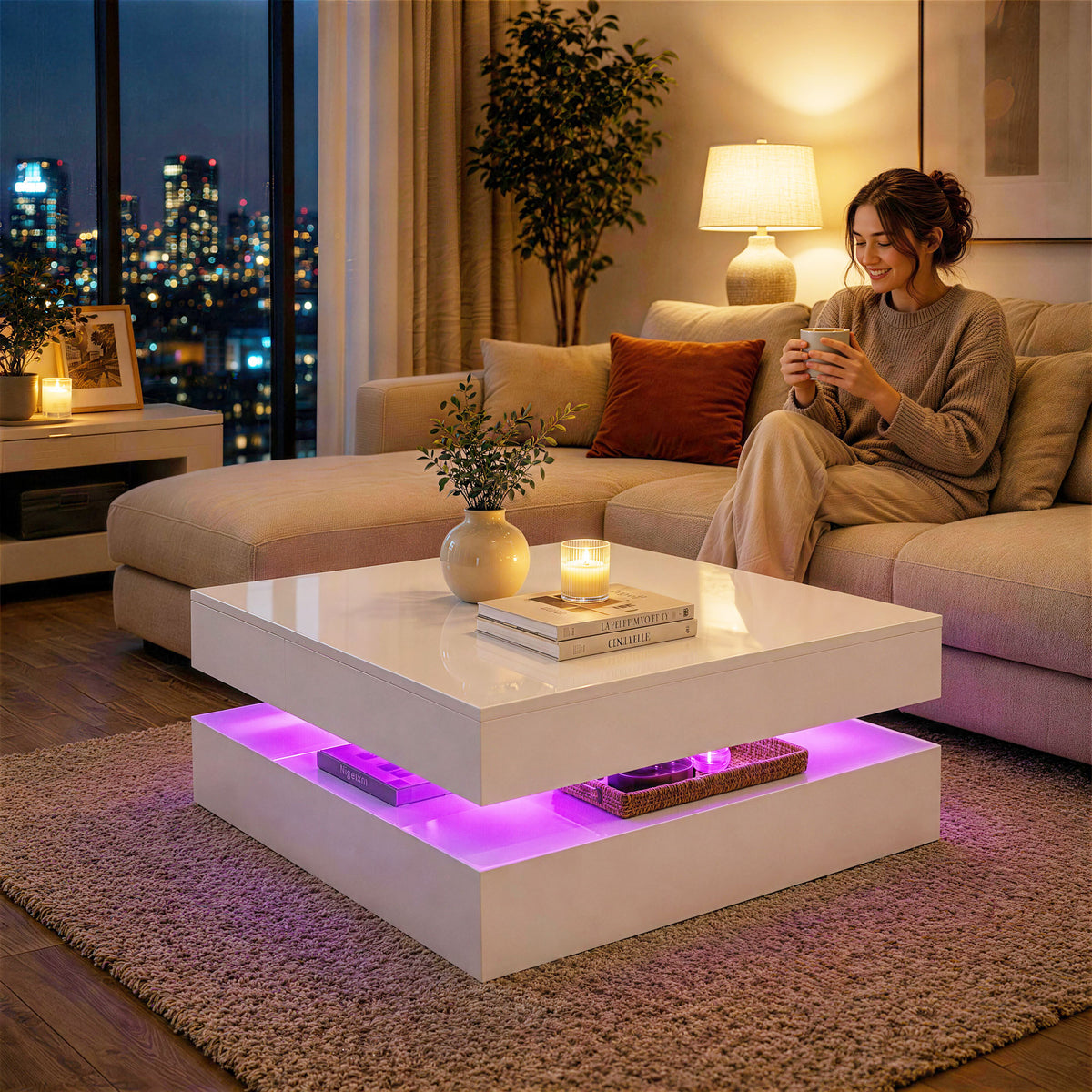 HOMCOM LED Coffee Table with Storage, 2-Tier Modern Centre Table with Open Shelf and Remote for Living Room, High Gloss White