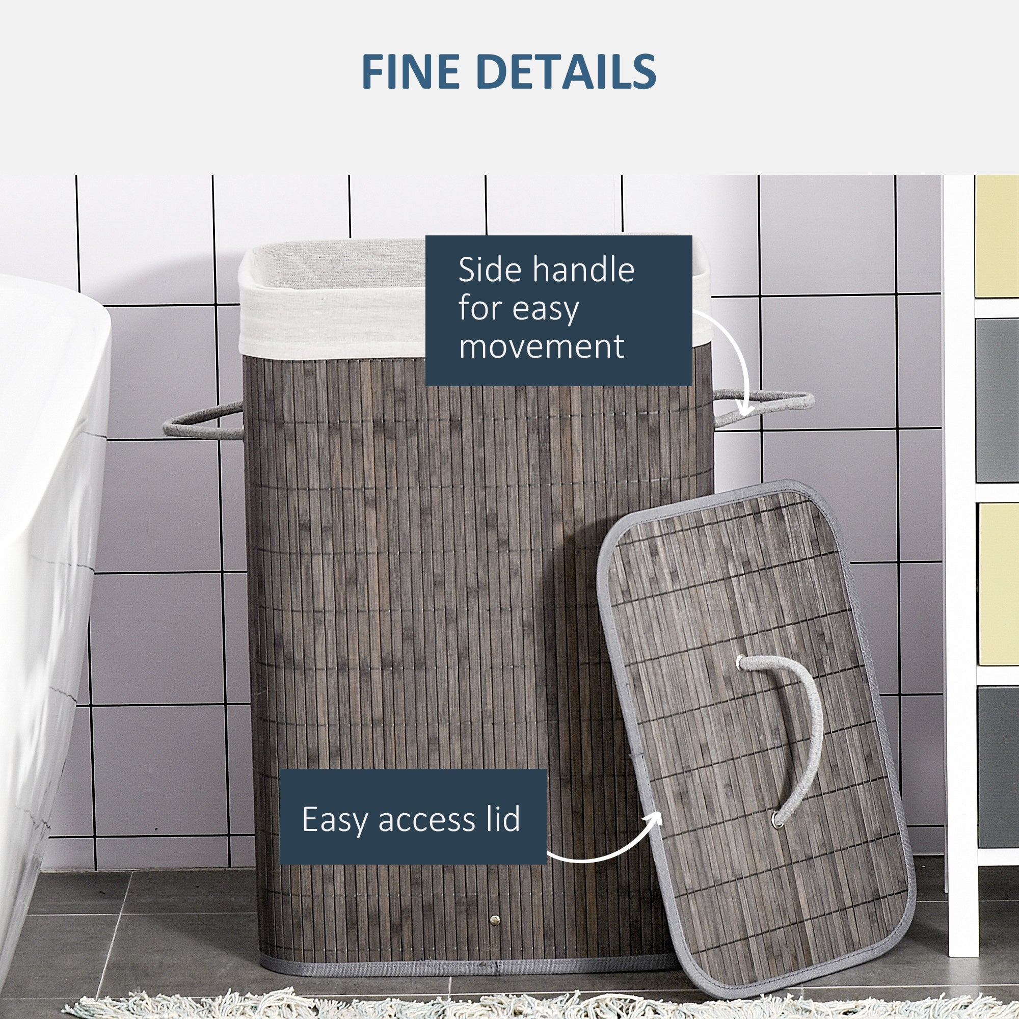 HOMCOM Laundry Basket with Flip Lid and String Handles, Collapsible Hamper Removable Lining Board Base Foldable Water-Resistant Dirty Clothes Storage, Grey - North Peak Garden Furniture