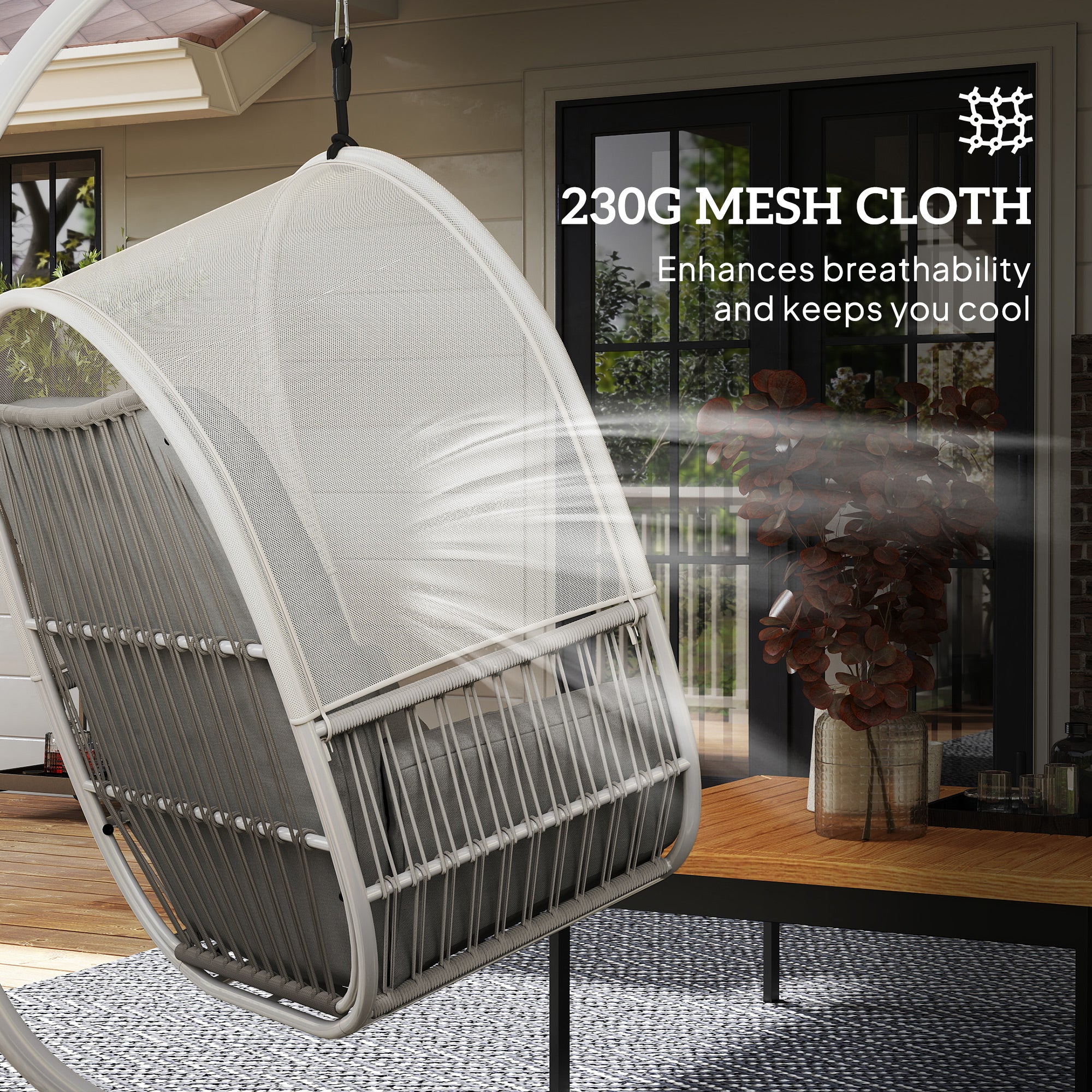 Outsunny Hanging Egg Chair Outdoor Indoor, Swing Hammock Chair with Stand, Cushions, Lumbar Pillow, Adjustable Height and Steel Frame for Garden Patio Lounge Porch, Light Grey - North Peak Garden Furniture