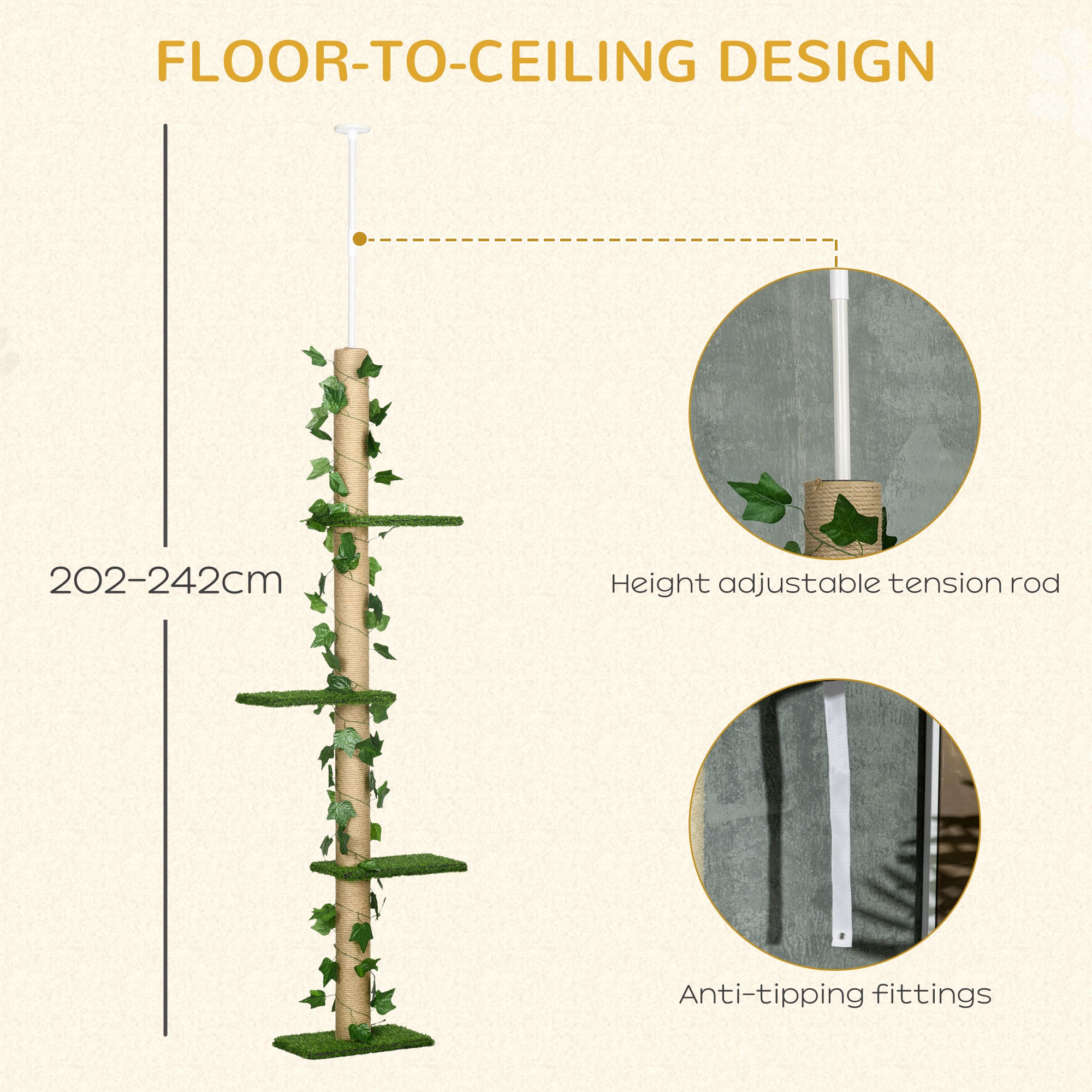 PawHut 242cm Adjustable Floor-To-Ceiling Cat Tree, with Artificial Decoration, Perches, Anti-Slip Kit - Green - North Peak Garden Furniture