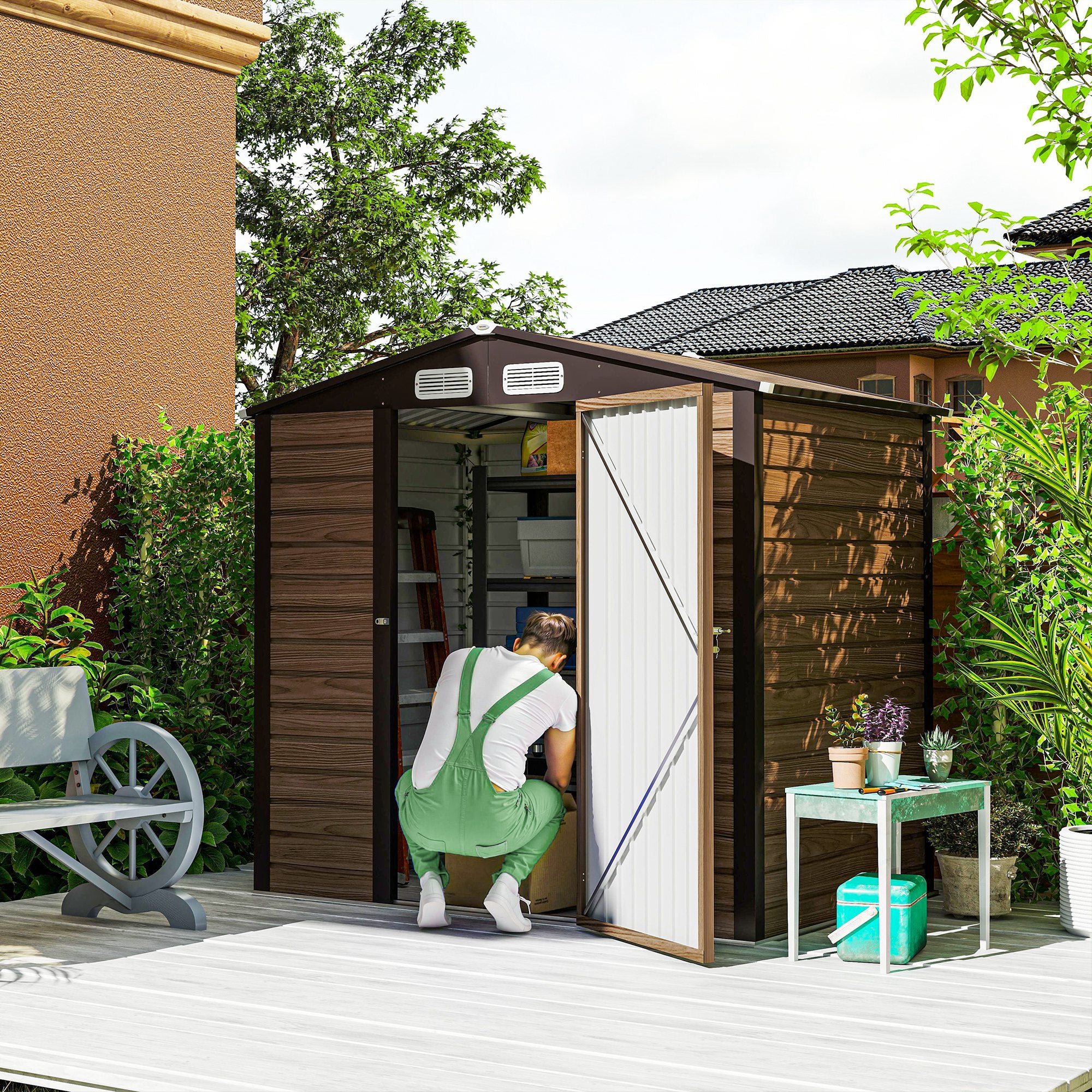 Outsunny 4 x 6ft Galvanised Steel Garden Shed, with Lock and Gloves - Oak - North Peak Garden Furniture