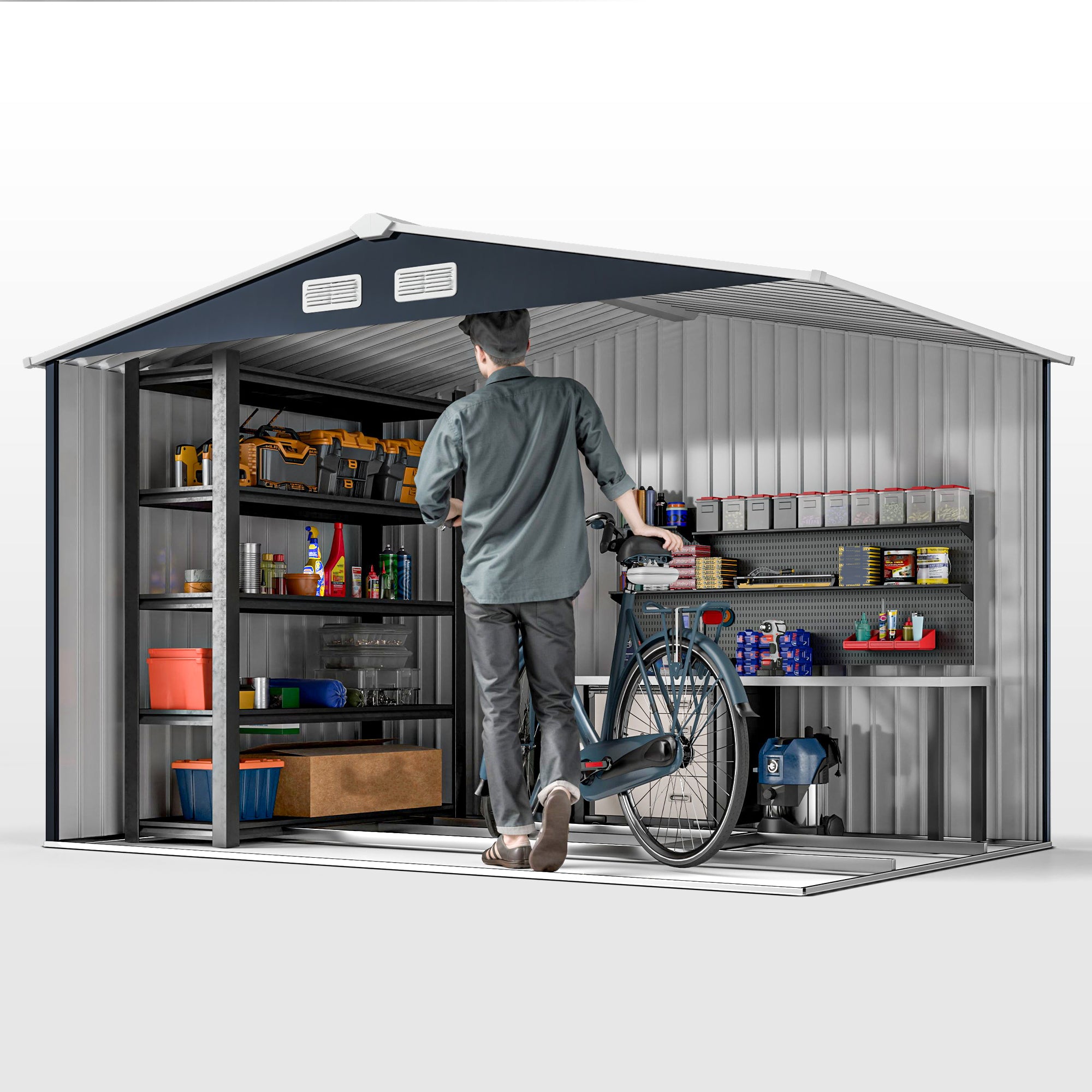 Outsunny 9 x 6ft Metal Garden Shed, Outdoor Storage Tool House with Ventilation Slots, Foundation Kit and Lockable Double Doors, Dark Grey - North Peak Garden Furniture