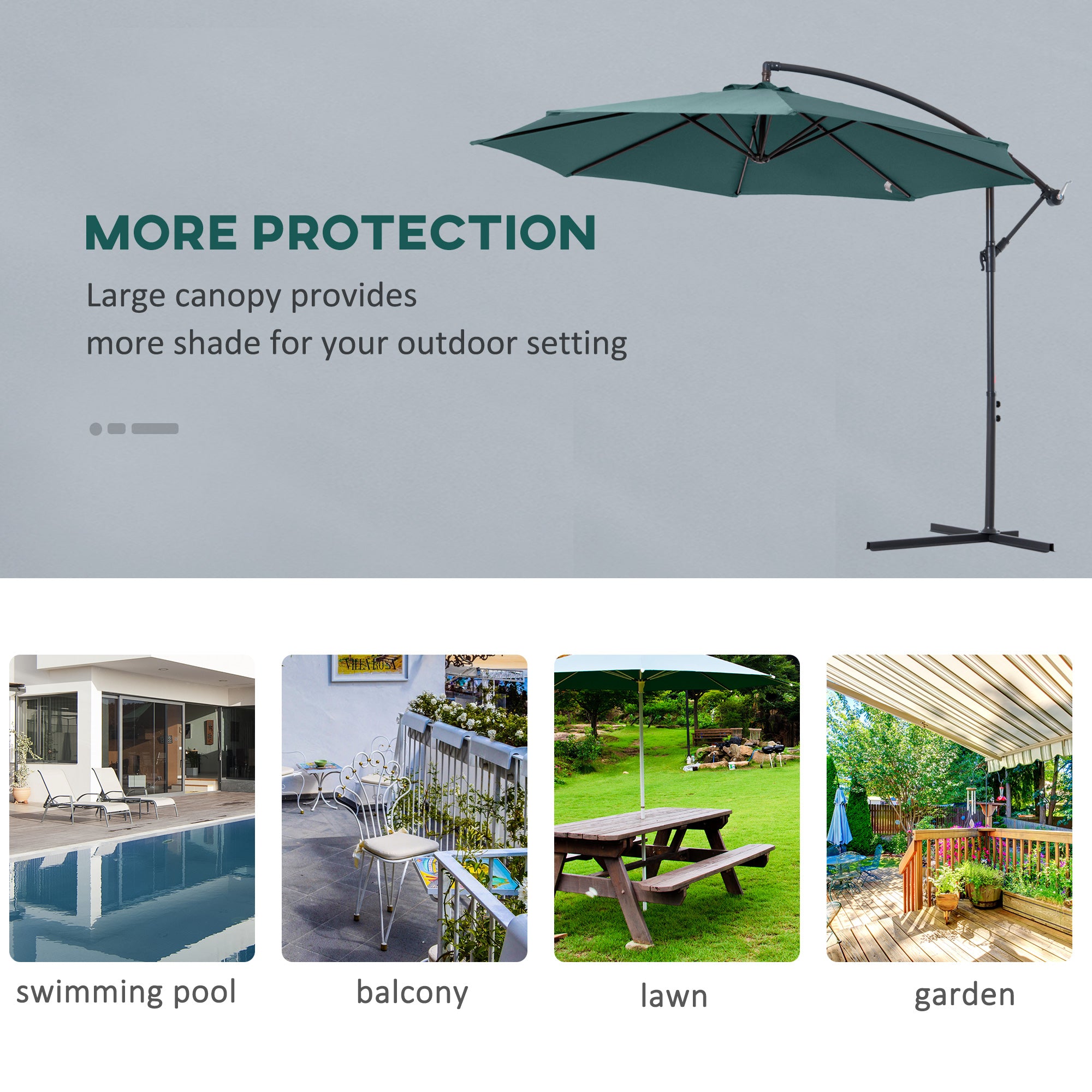 Outsunny Cantilever Canopy: 3m Banana Hanging Parasol with Crank Handle, 8 Ribs & Cross Base, Outdoor Dark Green Sun Shade