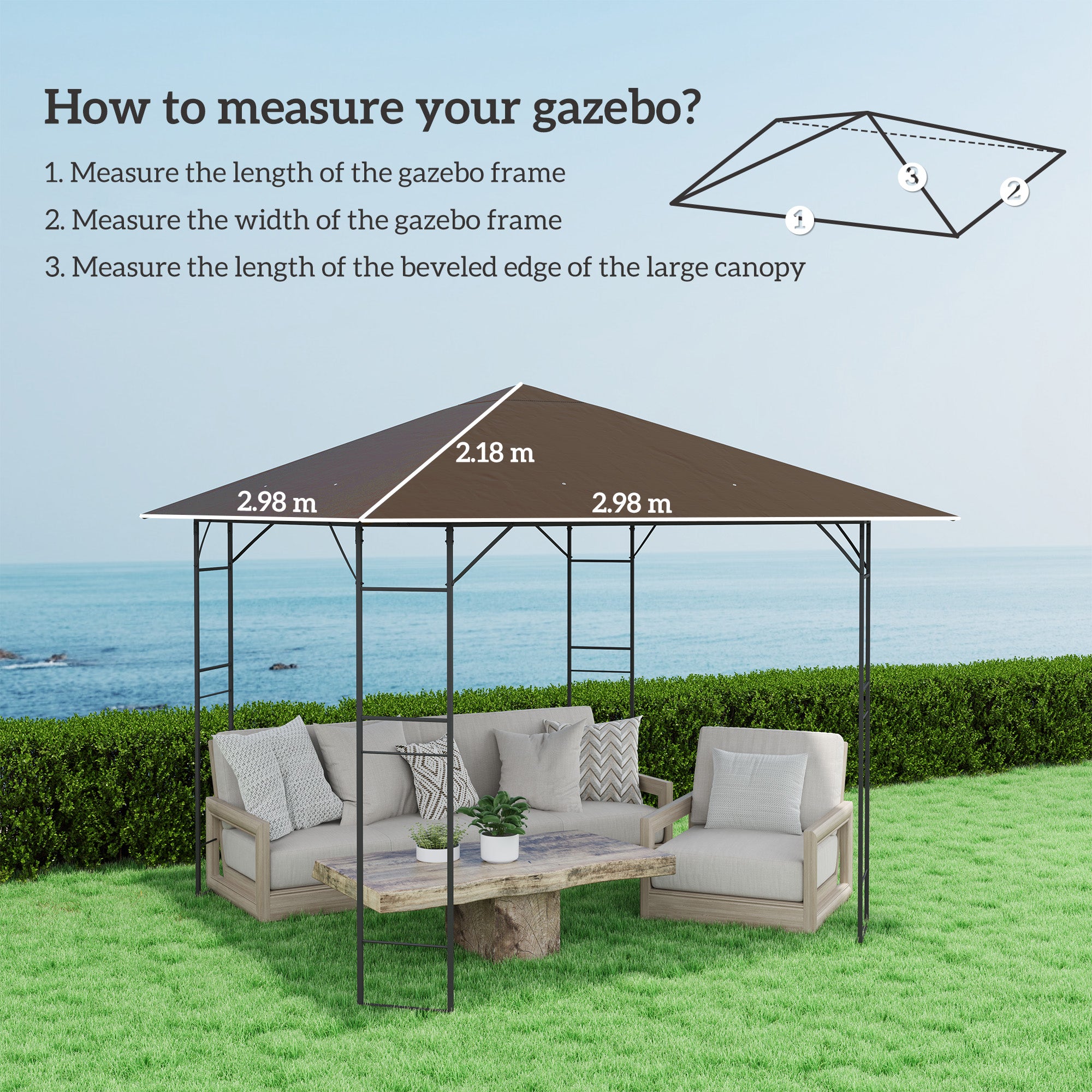 Outsunny 3 x 3(m) Gazebo Canopy Replacement Cover, Garden Gazebo Roof Replacement with Drain Holes, Water-resistant Plastic Coating, 370g/㎡, UPF30+, TOP COVER ONLY, Brown - North Peak Garden Furniture