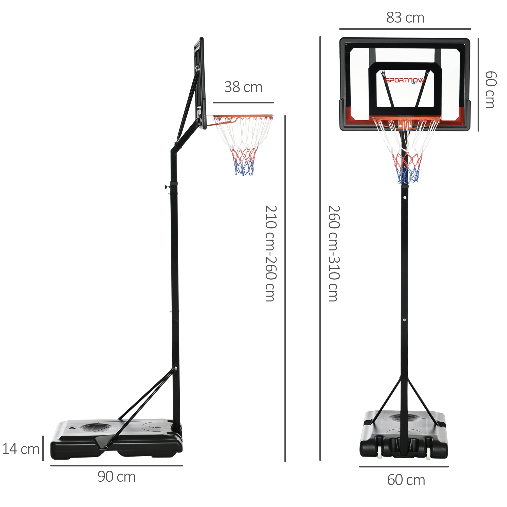 SPORTNOW 2.1-2.6m Adjustable Basketball Hoop and Basketball Stand w/ Backboard and Weighted Base, Portable on Wheels, Black