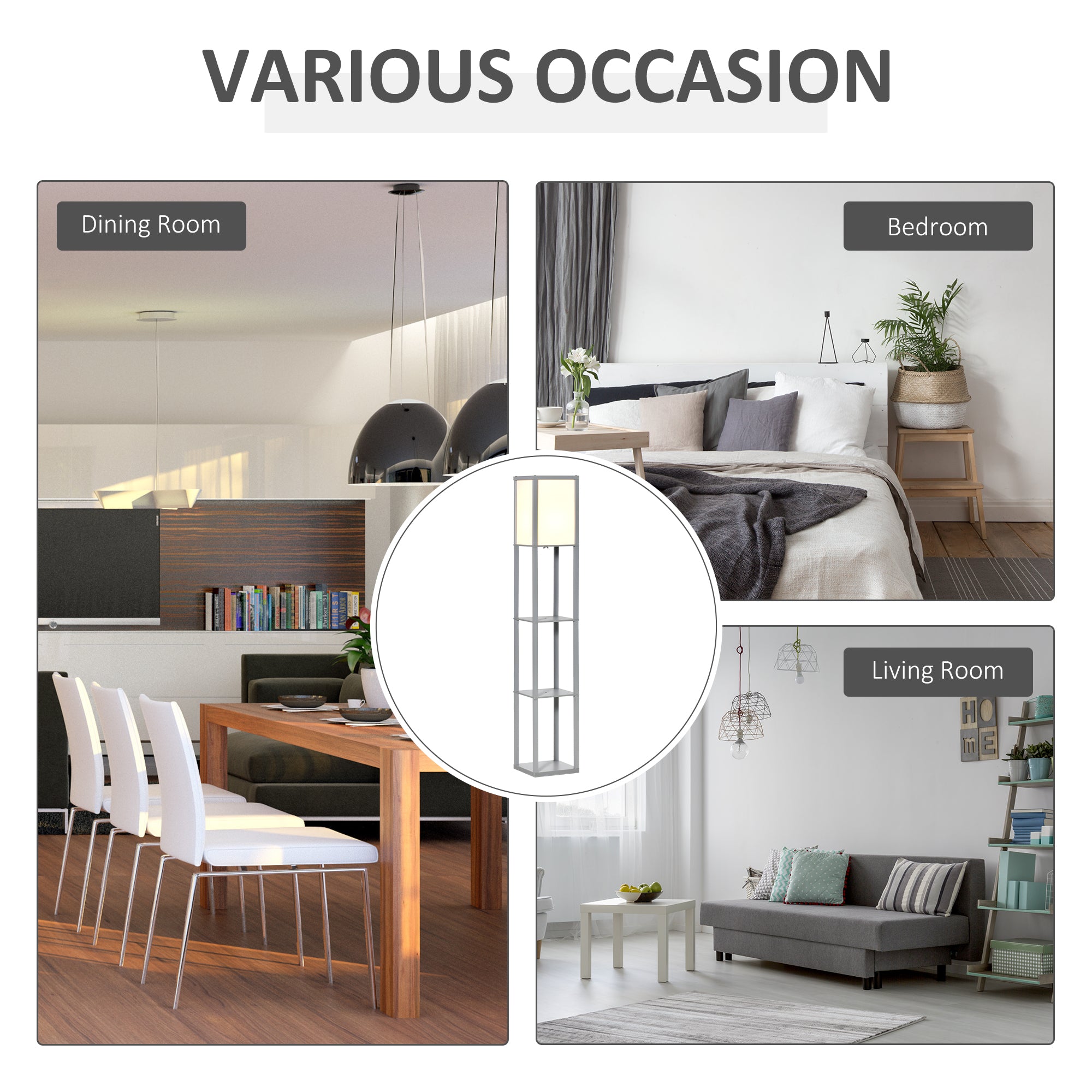 HOMCOM 3-Tier Floor Lamp, Floor Light with Storage Shelf, Reading Standing Lamp for Living Room, Bedroom, Kitchen, Dining Room, Office, Dorm, 160cm, Grey - North Peak Garden Furniture