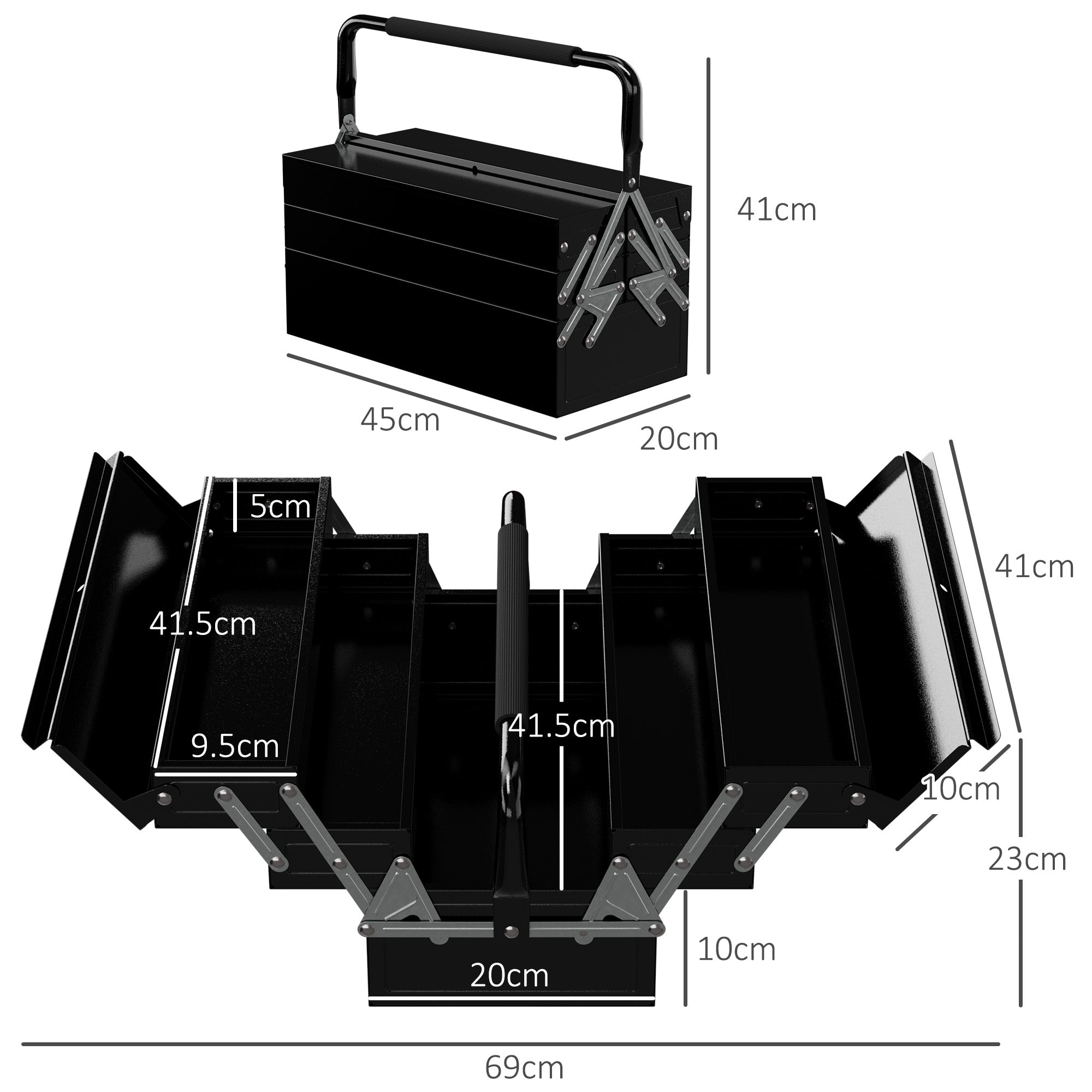 DURHAND 3 Tier Metal Toolbox, 5 Tray Professional Portable Tool Box with Carry Handle for Workshop, 45cmx20cmx34.5cm, Black - North Peak Garden Furniture