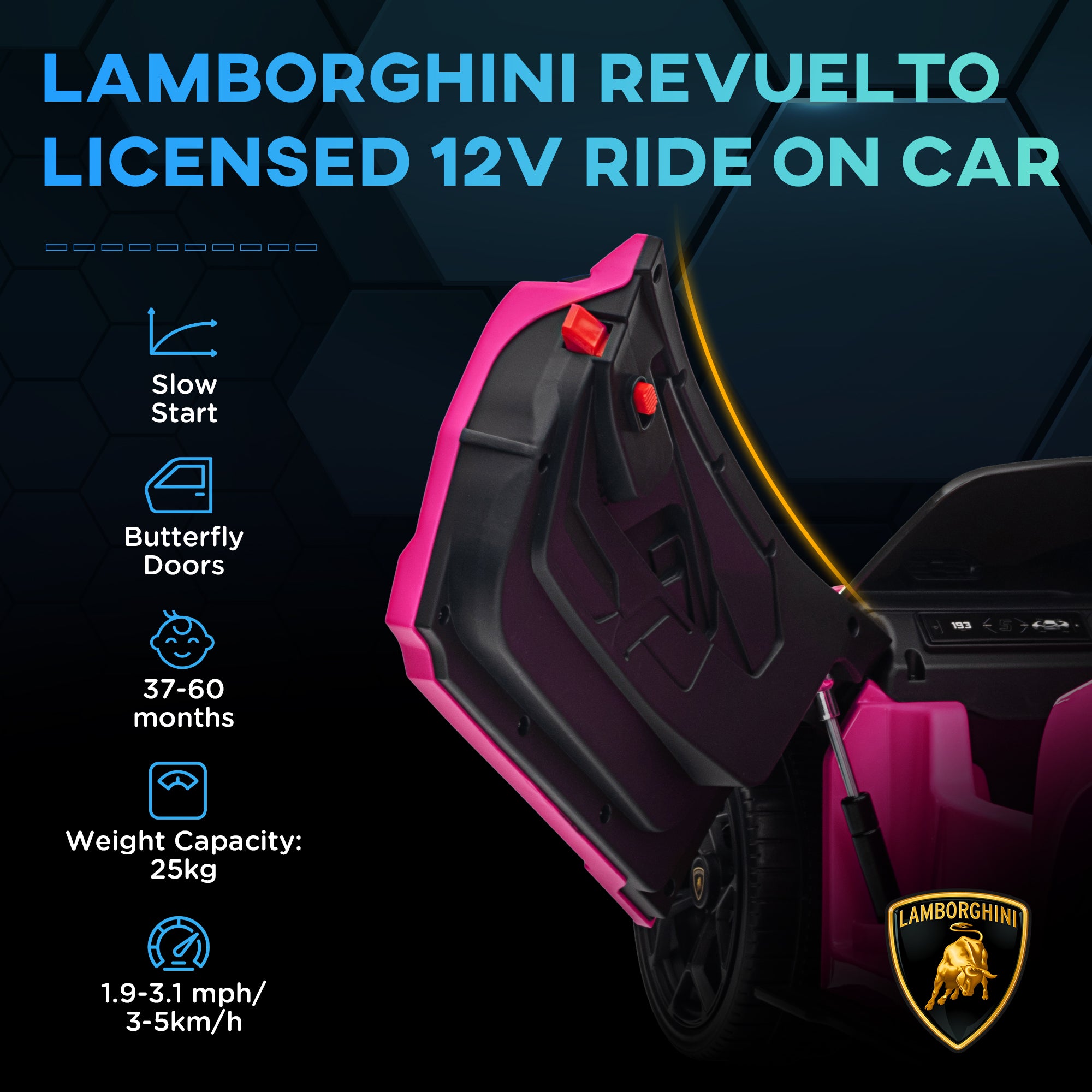 AIYAPLAY Lamborghini Revuelto Licensed 12V Ride on Car w/ Butterfly Doors, Transport Wheels, Suspension, Remote Control, Pink