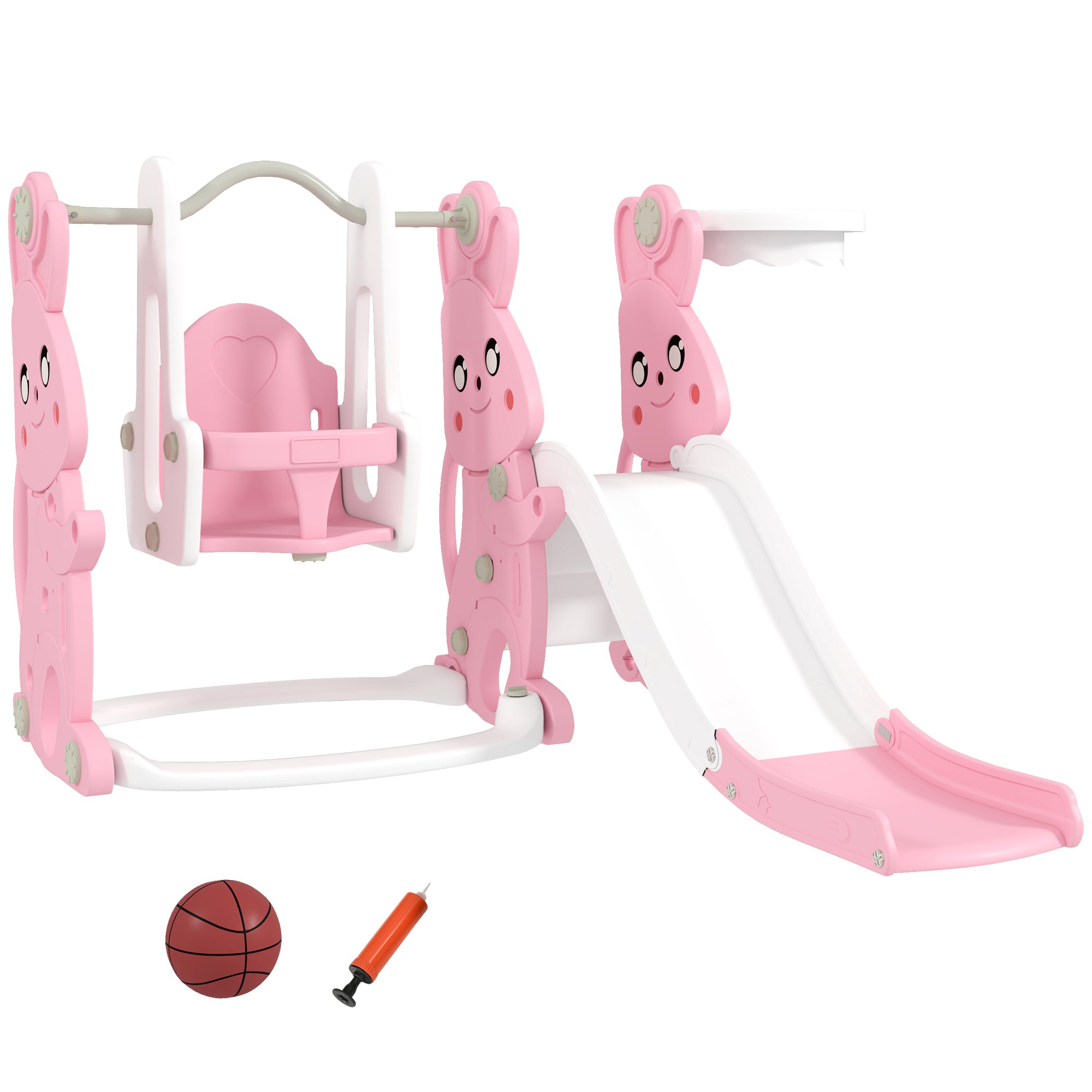 AIYAPLAY 4 in 1 Kids Slide and Swing Set with Climber, Basketball Hoop, Rabbit-Themed, Pink - North Peak Garden Furniture