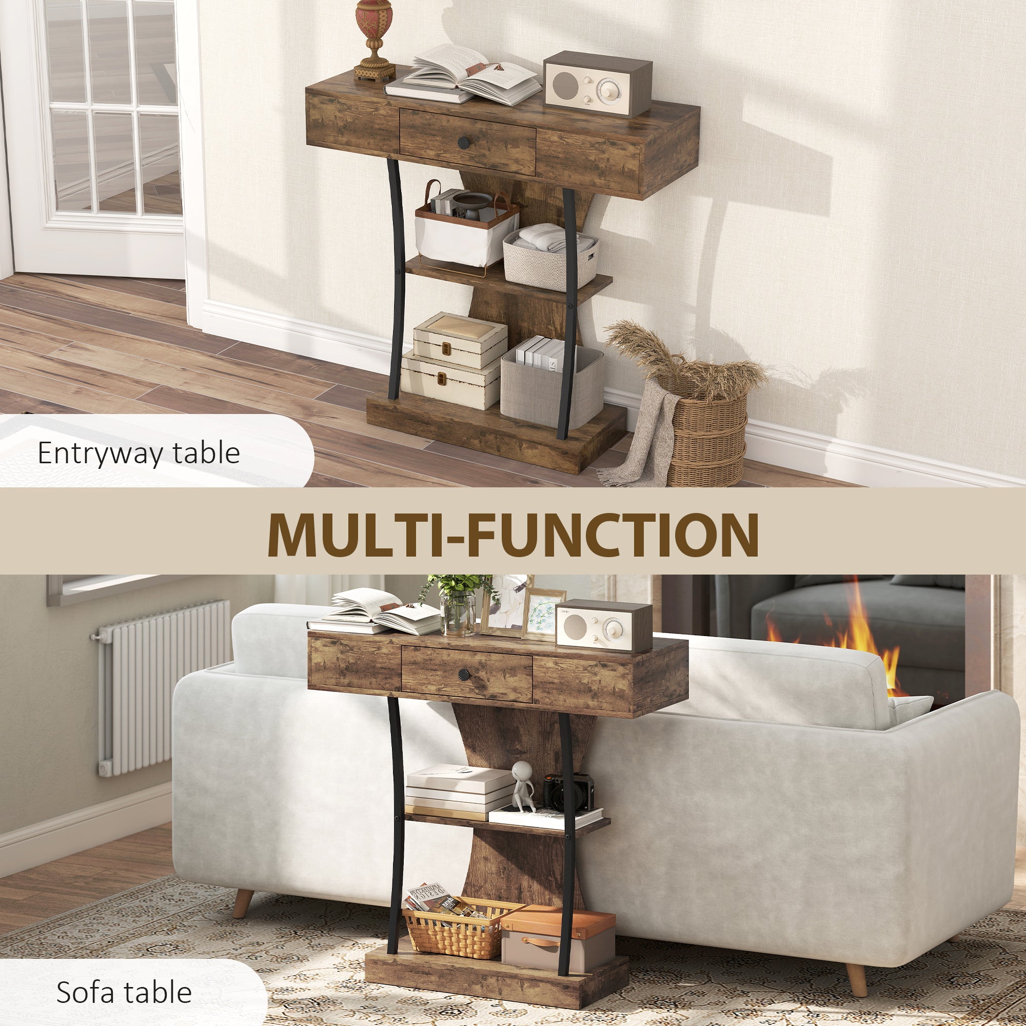 HOMCOM Console Table, 3-Tier Industrial Hallway Table with Drawer, Storage Shelves, 91 x 32 x 87 cm, Rustic Brown