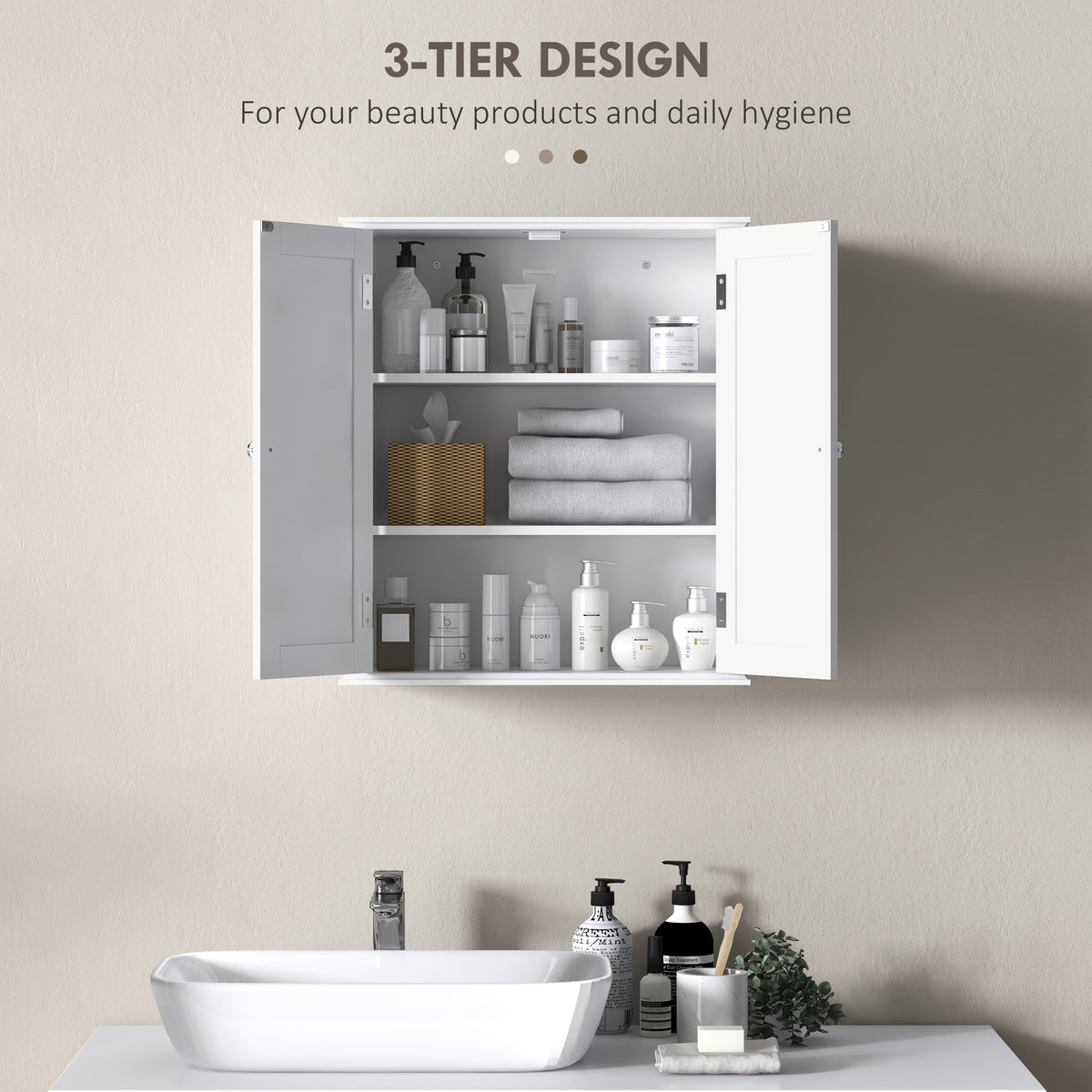 HOMCOM Bathroom Wall Cabinet, 3-Tier Wall-Mounted Bathroom Storage Cabinet with Adjustable Shelf, White