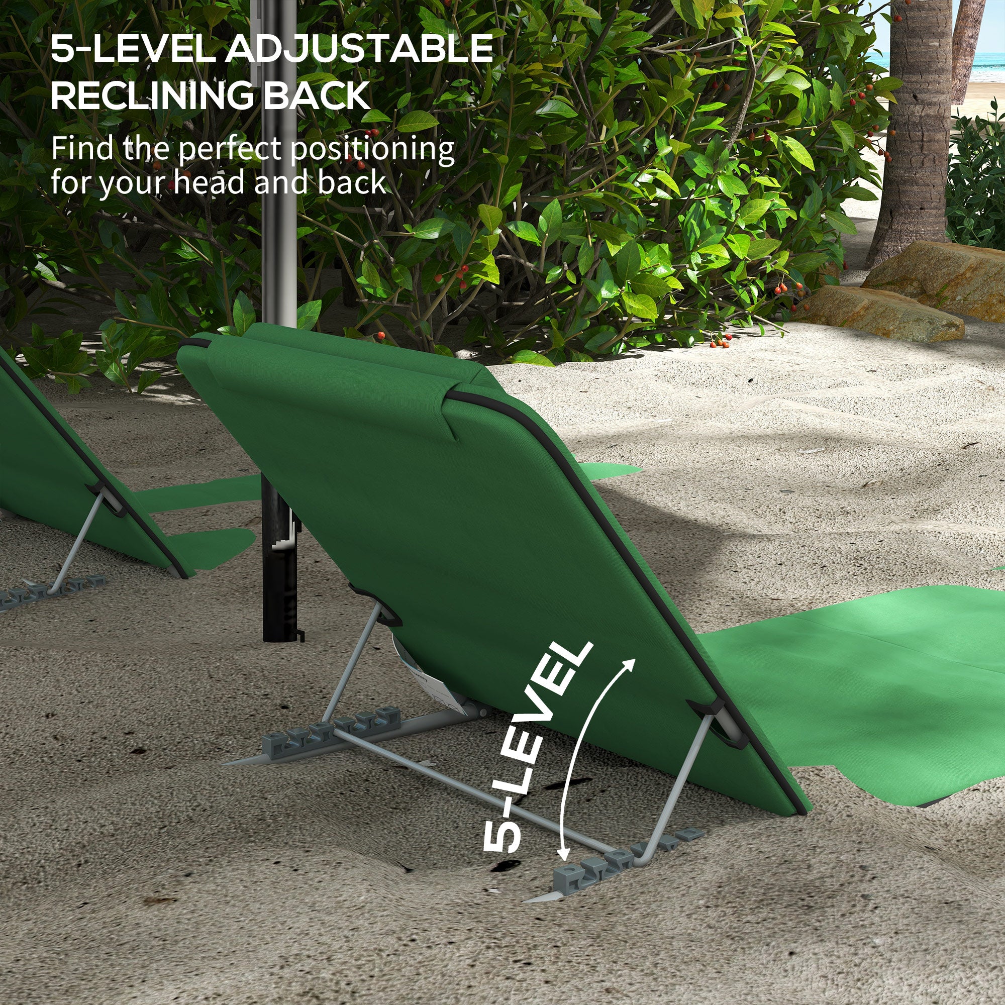 Outsunny Set of Two Metal Frame Beach Chairs, with Reclining Backs - Green - North Peak Garden Furniture