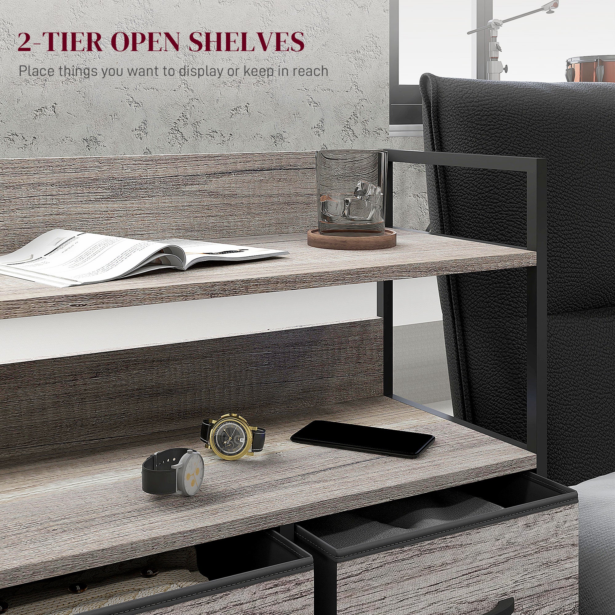HOMCOM Rustic Chest of Five Fabric Drawers - Grey Wood Effect - North Peak Garden Furniture