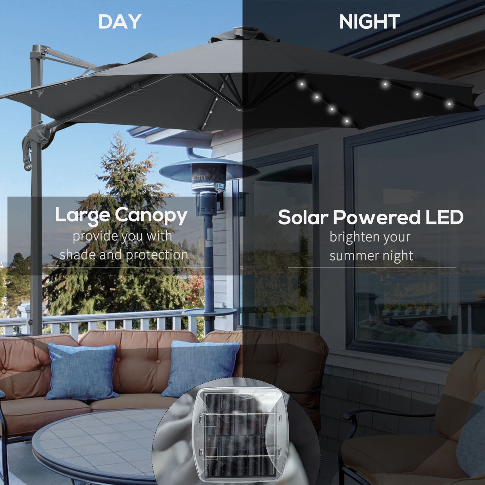Outsunny 3(m) Cantilever Roma Parasol Patio Sun Umbrella with Crank & Tilt LED Solar Light Cross Base 360° Rotating Outdoor, Dark Grey - North Peak Garden Furniture