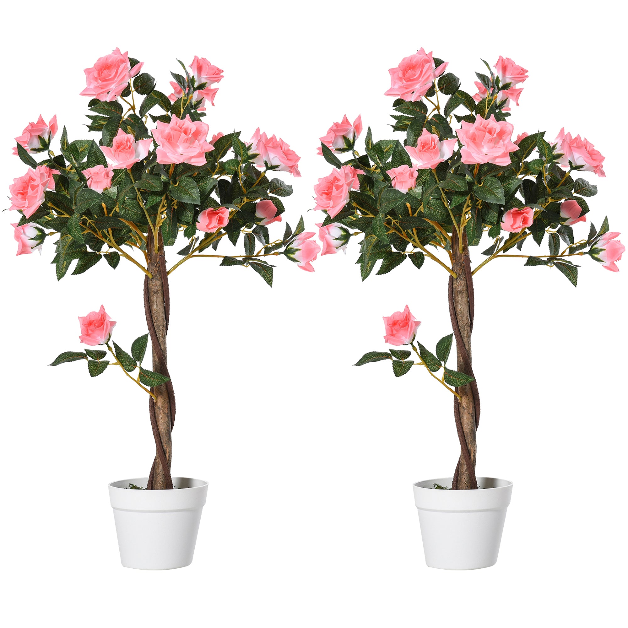 Outsunny Set of 2 Artificial Plants Pink Rose Floral in Pot, Fake Plants for Home Indoor Outdoor Decor, 90cm - North Peak Garden Furniture