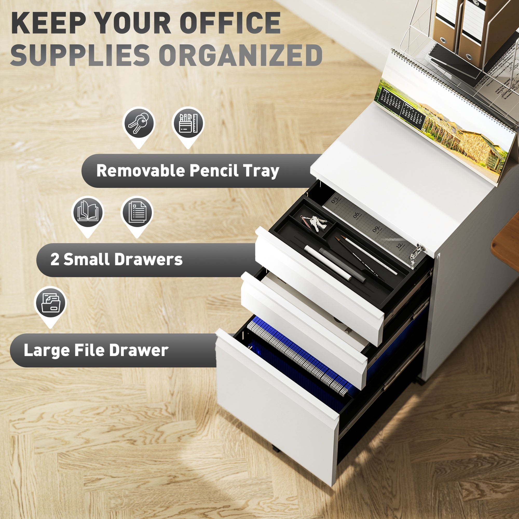 Vinsetto 3-Drawer Steel Filing Cabinet with Lock and Wheels - White - North Peak Garden Furniture