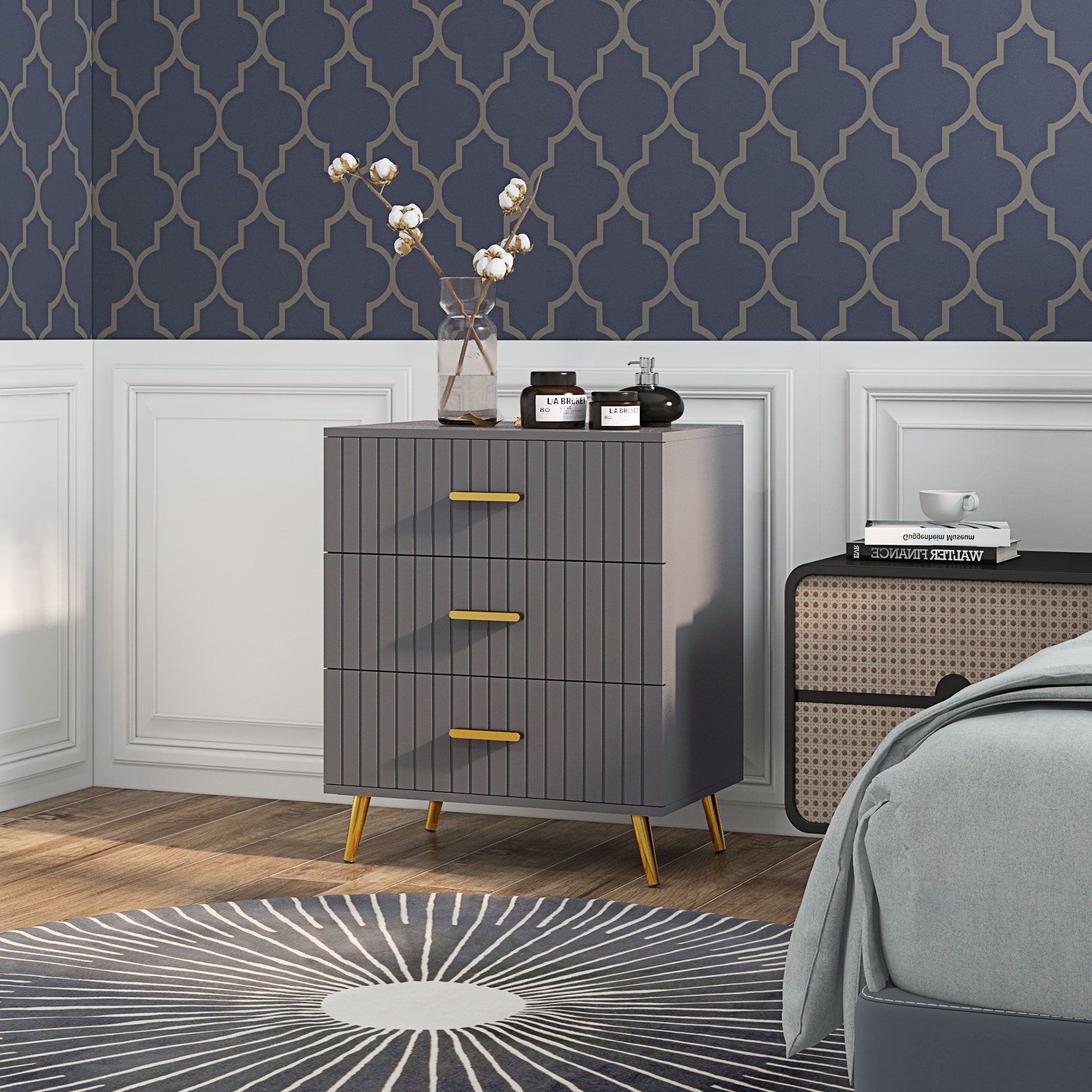 HOMCOM Three Drawer Embossed Line Dresser - Grey/Gold Tone - North Peak Garden Furniture