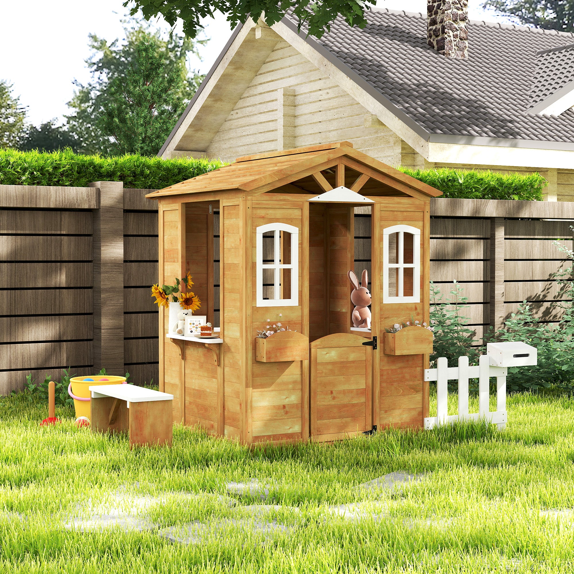 Outsunny Wooden Playhouse for Kids with Door, Windows, Mailbox, Flower Pot Holder, Serving Station, Bench for Children, Yellow - North Peak Garden Furniture