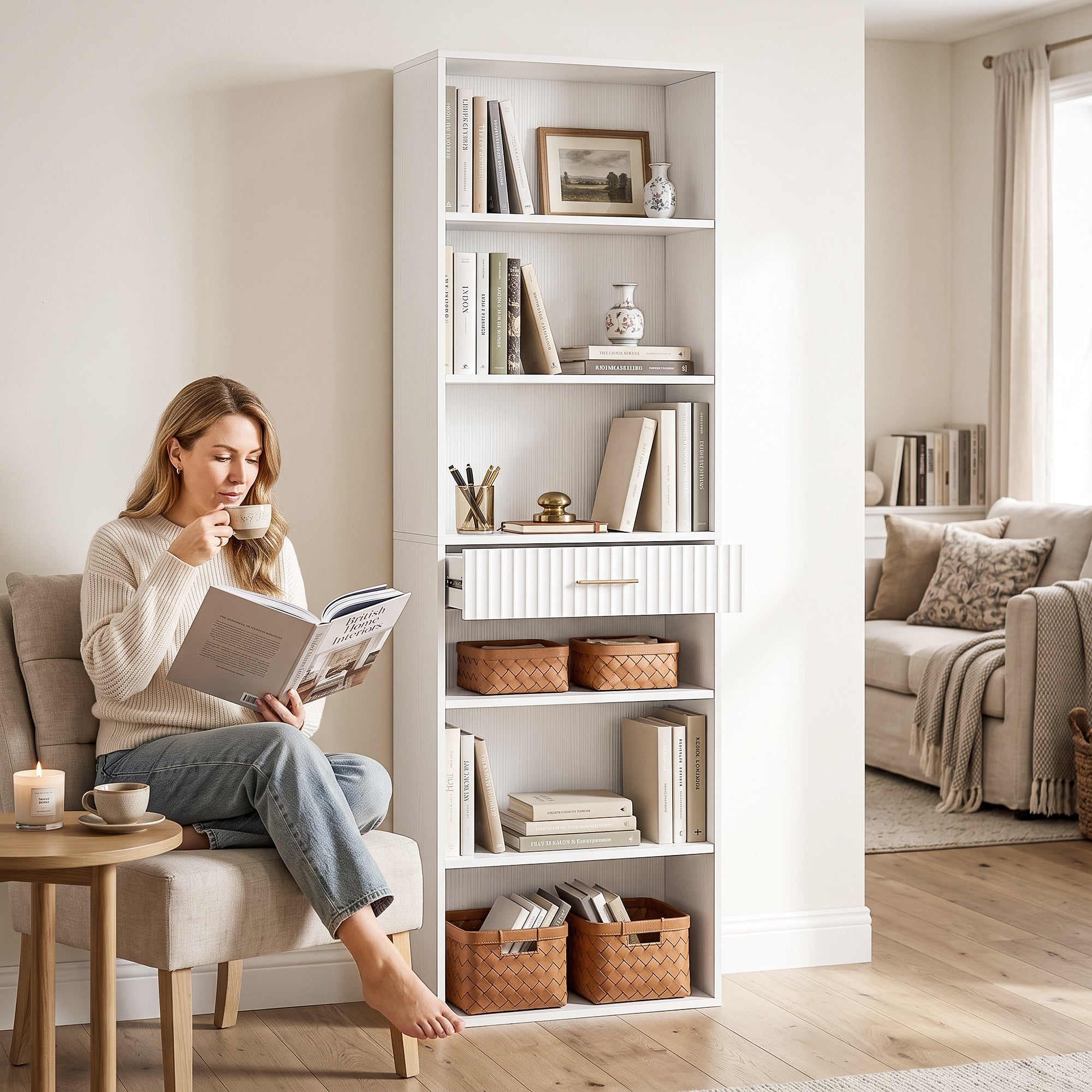 HOMCOM Bookcase Narrow Tall Space-Saving Bookshelf Drawer Open Shelves 60 x 24 x 182 cm White