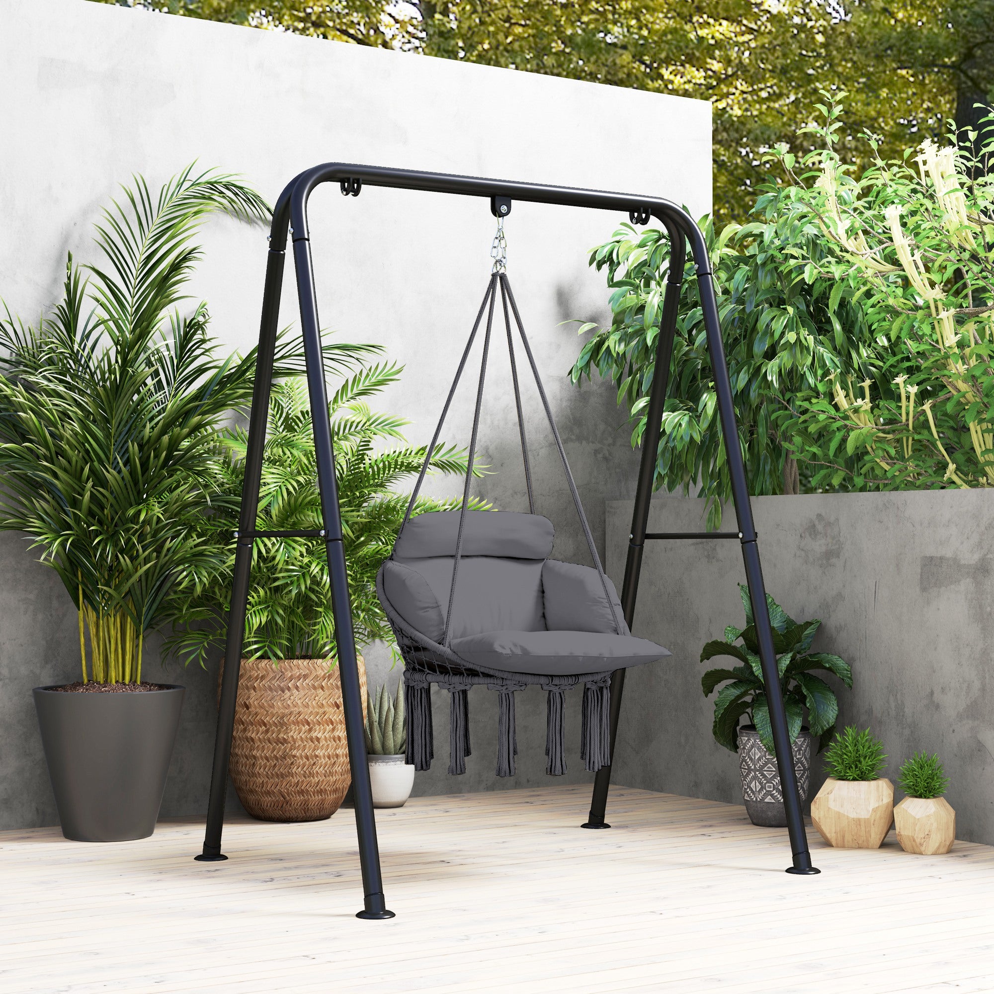 Outsunny Hanging Chair Outdoor Hammock Chair with Soft Cushion, Cotton Rope Boho Style Swing Chair, Hanging Garden Swing Seat for Indoor Outdoor, Dark Grey - North Peak Garden Furniture