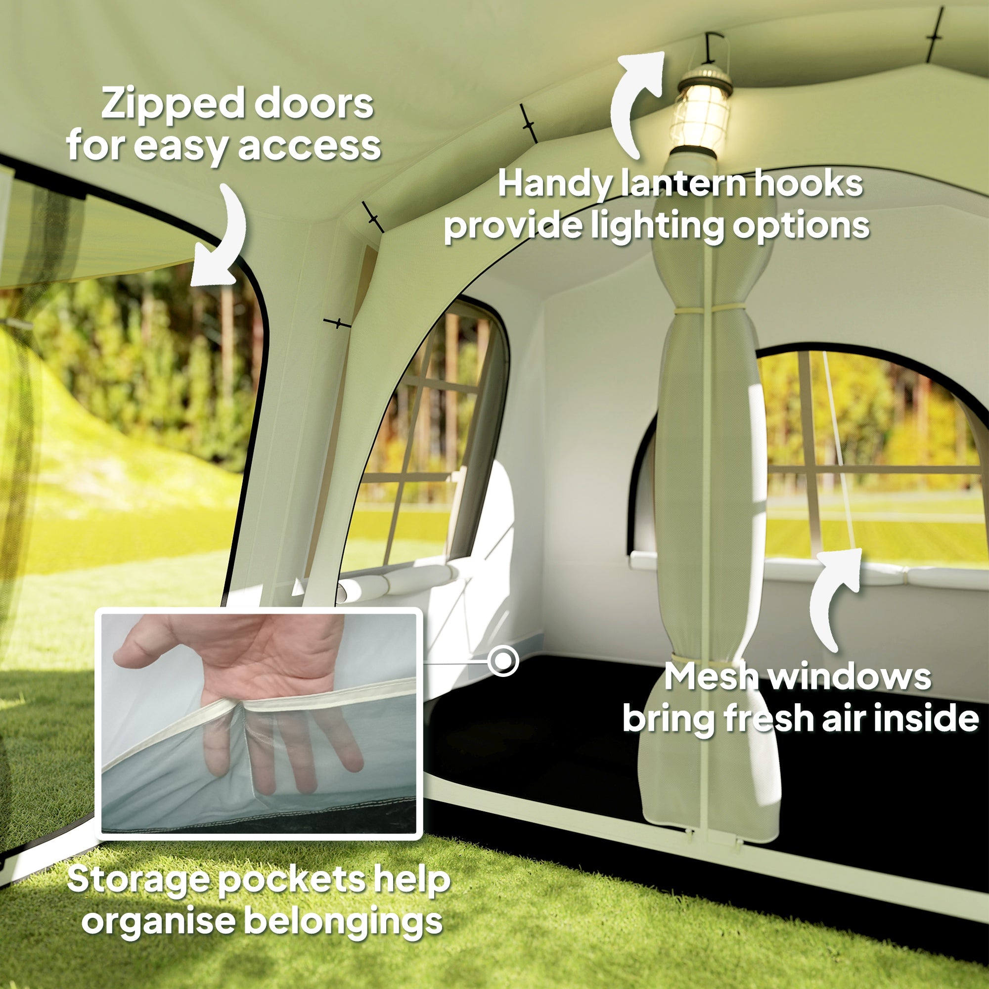 Outsunny 3-4 Man Tunnel Tent, Family Camping Tent with Porch, Bedroom and Living Area, Sewn in Groundsheet, 3000mm Waterproof, Portable with Bag for Hiking, Festival, Backpacking, Khaki - North Peak Garden Furniture