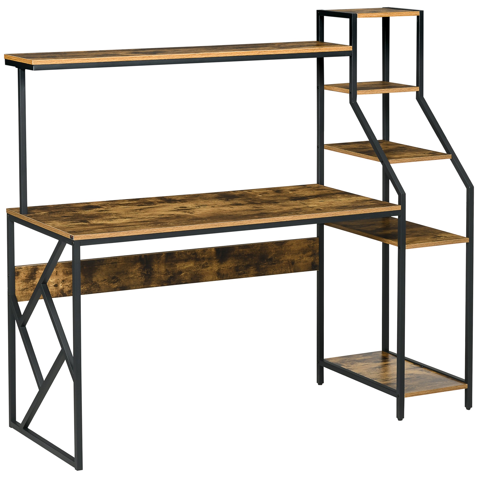 HOMCOM Computer Desk with Bookshelf, Industrial Writing Table with 6 Tier Storage Shelves for Home Office, Bedroom, Study, 150 x 55 x 138cm, Rustic Brown - North Peak Garden Furniture