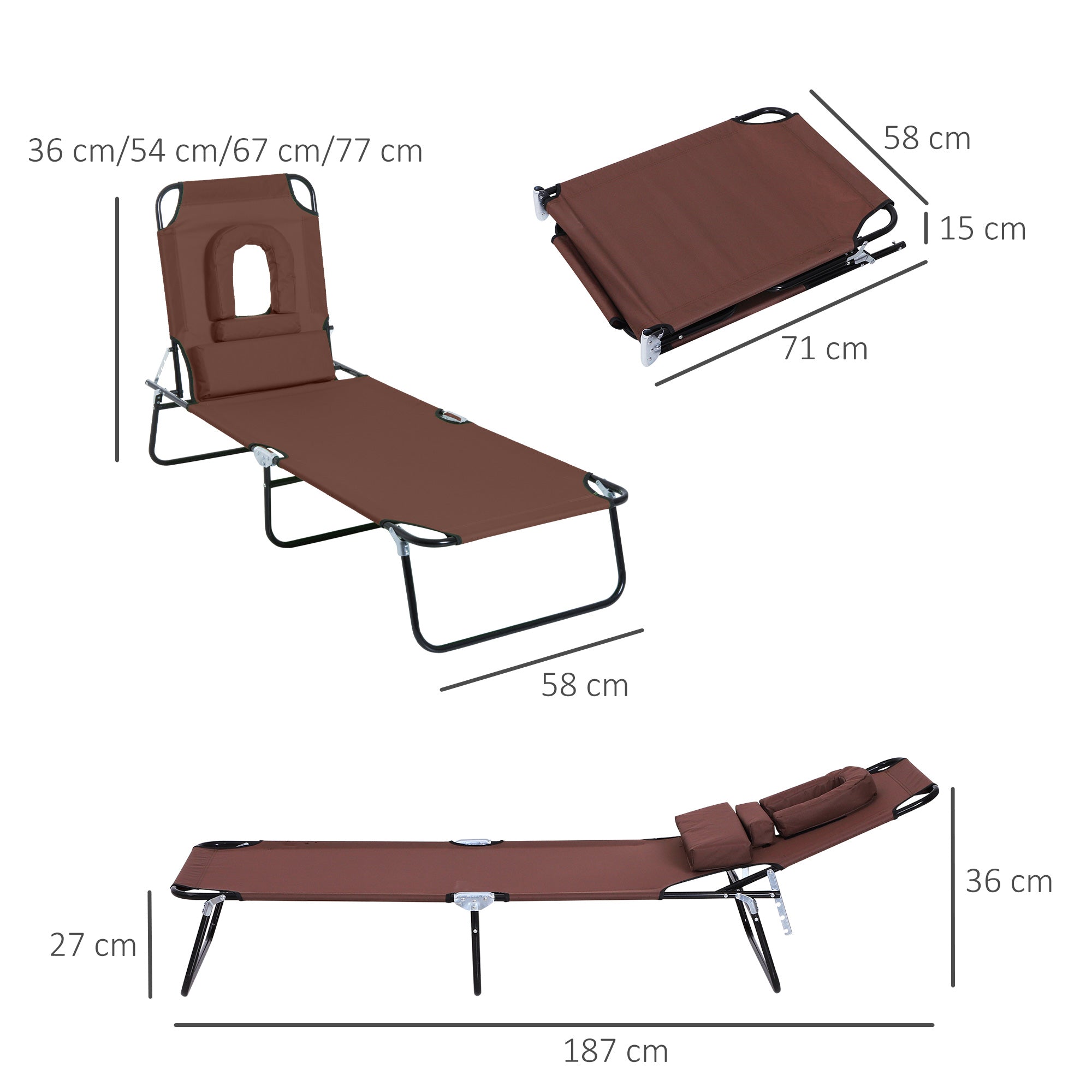 Outsunny Sun Lounger with Pillow and Reading Hole, Foldable Reclining Chair, Garden Beach Outdoor Recliner, Adjustable, Brown